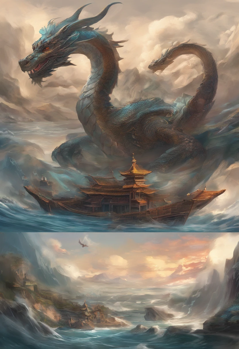 Dragon turtle(Heavy tortoiseshell shell,faucet,The long tail of the snake),tosen,Huge waves,China-style,oc rendered,super-fine,Hyper-realistic,Ultra photo realsisim,high qulity,8K high resolution,ultra - detailed