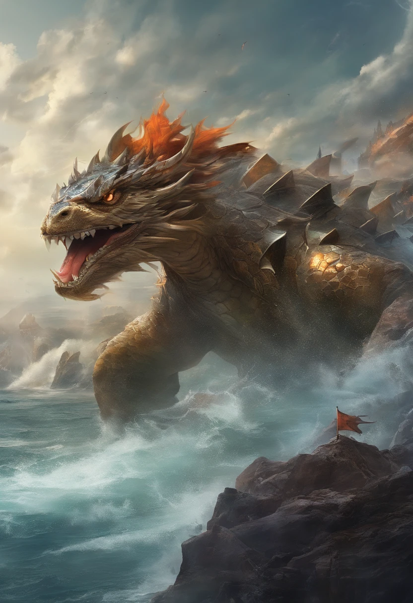 Dragon turtle(Heavy tortoiseshell shell,faucet,The long tail of the snake),tosen,Huge waves,China-style,oc rendered,super-fine,Hyper-realistic,Ultra photo realsisim,high qulity,8K high resolution,ultra - detailed