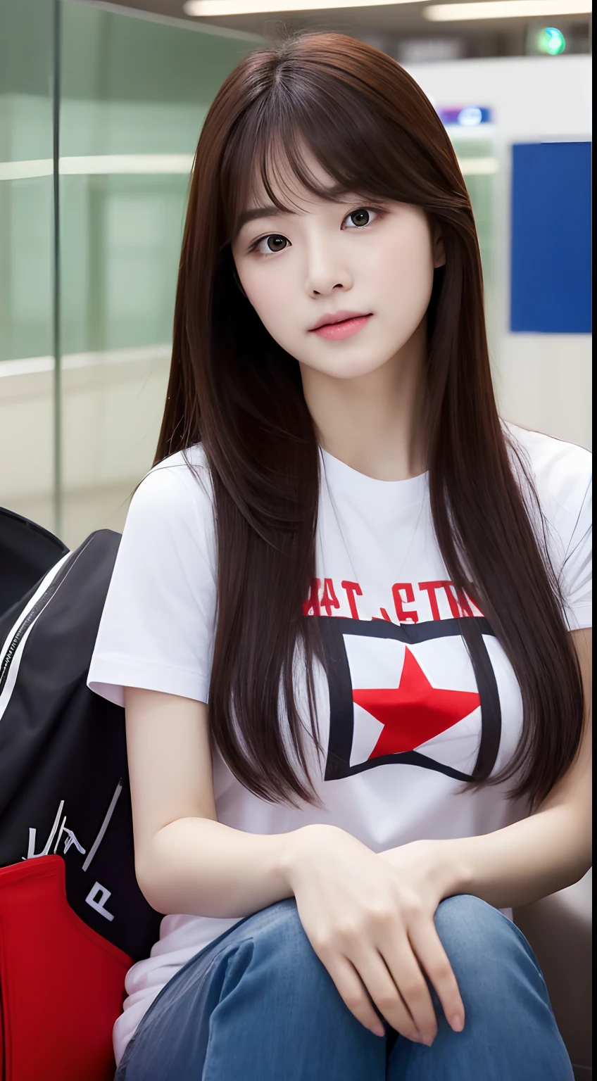 Realistic photos of (1 cute Korean star) straight hair, thin makeup, 32 inch ??????? size, wearing t-shirt, sitting in airport, upper body portrait,  UHD