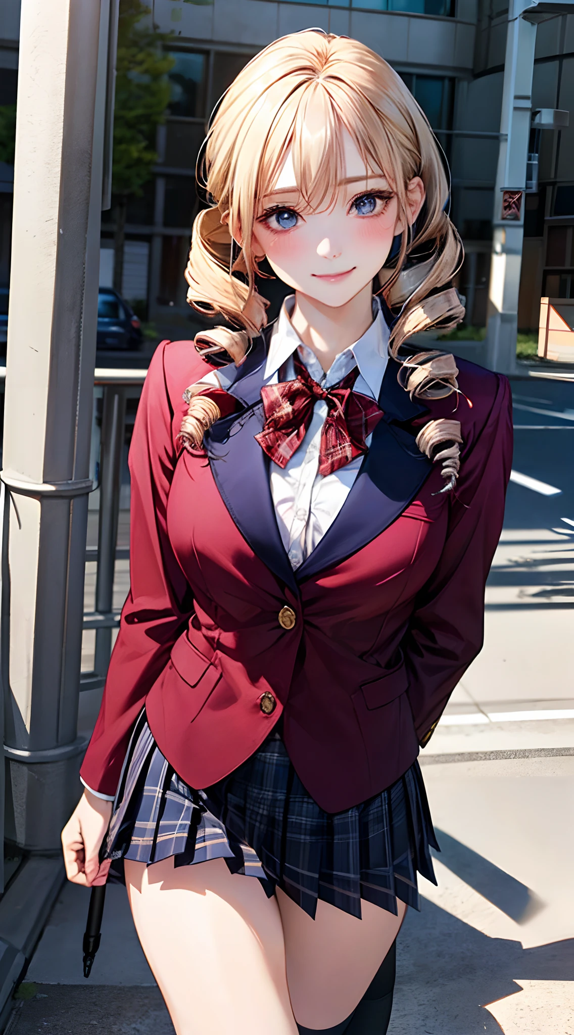 (masterpiece:1.2, top-quality), (realistic, photorealistic:1.4), beautiful illustration, NSFW, 
looking at viewer, cowboy shot, front view:0.6, 
1 girl, japanese, high school girl, blond hair, (long hair:1.8), (drill hair:1.7), bangs, hair between eye, blue eyes, large breasts:0.8, (thick thighs), 
beautiful hair, beautiful face, beautiful detailed eyes, beautiful clavicle, beautiful body, beautiful chest, beautiful thigh, beautiful legs, beautiful fingers, 
(beautiful scenery), dawn, lamppost, sidewalk, 
((navy blazer, pleated mini skirt, socks, red private school uniform:1.2, plaid pleated skirt, red plaid bow tie)), pink panties, 
(swollen), ((seductive posture: 1.2, attractiveness: 1.2)), (idle),
(erotic, sexy, upper eyes, smile), shiny skin, 
perfect face, cute and symmetrical face, natural side lighting, movie lighting), 
walking,