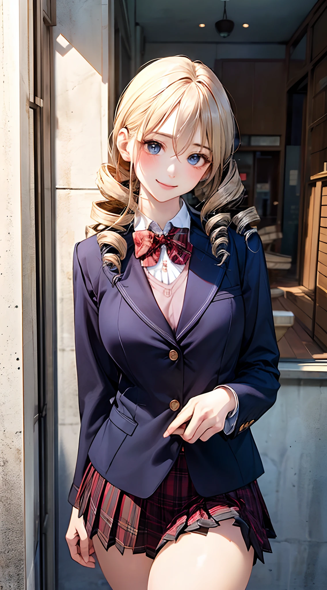 (masterpiece:1.2, top-quality), (realistic, photorealistic:1.4), beautiful illustration, NSFW,
looking at viewer, cowboy shot, front view:0.6,
1 girl, japanese, high school girl, blond hair, (long hair:1.8), (drill hair:1.7), bangs, hair between eye, blue eyes, large breasts:0.8, (thick thighs),
beautiful hair, beautiful face, beautiful detailed eyes, beautiful clavicle, beautiful body, beautiful chest, beautiful thigh, beautiful legs, beautiful fingers,
(beautiful scenery), dawn, lamppost, sidewalk,
((navy blazer, pleated mini skirt, socks, red private school uniform:1.2, plaid pleated skirt, red plaid bow tie)), pink panties,
(swollen), ((seductive posture: 1.2, attractiveness: 1.2)), (idle),
(erotic, sexy, upper eyes, smile), shiny skin,
perfect face, cute and symmetrical face, natural side lighting, movie lighting),
walking,