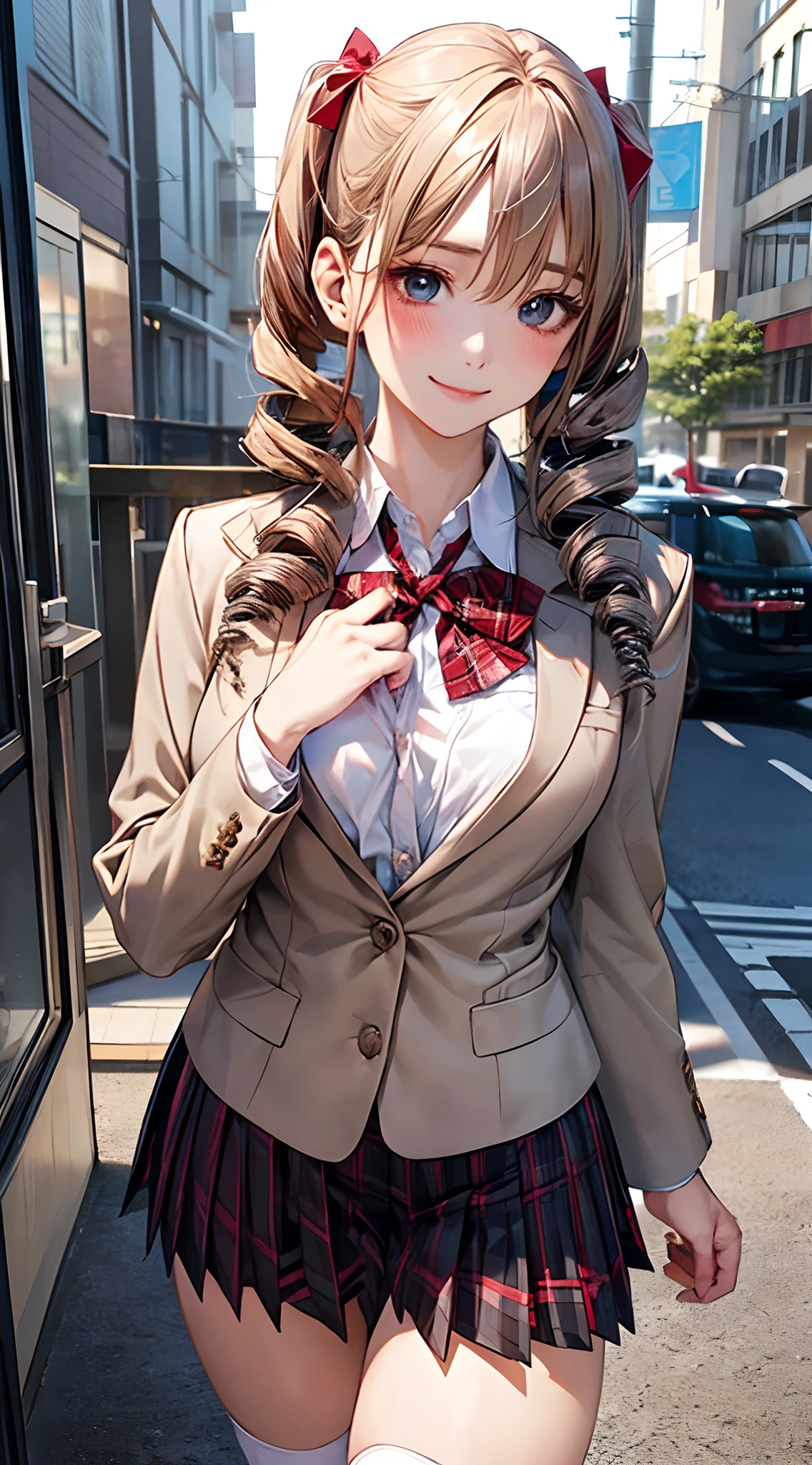 (masterpiece:1.2, top-quality), (realistic, photorealistic:1.4), beautiful illustration, NSFW,
looking at viewer, cowboy shot, front view:0.6,
1 girl, japanese, high school girl, blond hair, (long hair:1.8), (drill hair:1.7), bangs, hair between eye, blue eyes, large breasts:0.8, (thick thighs),
beautiful hair, beautiful face, beautiful detailed eyes, beautiful clavicle, beautiful body, beautiful chest, beautiful thigh, beautiful legs, beautiful fingers,
(beautiful scenery), dawn, lamppost, sidewalk,
((navy blazer, pleated mini skirt, socks, red private school uniform:1.2, plaid pleated skirt, red plaid bow tie)), pink panties,
(swollen), ((seductive posture: 1.2, attractiveness: 1.2)), (idle),
(erotic, sexy, upper eyes, smile), shiny skin,
perfect face, cute and symmetrical face, natural side lighting, movie lighting),
walking,