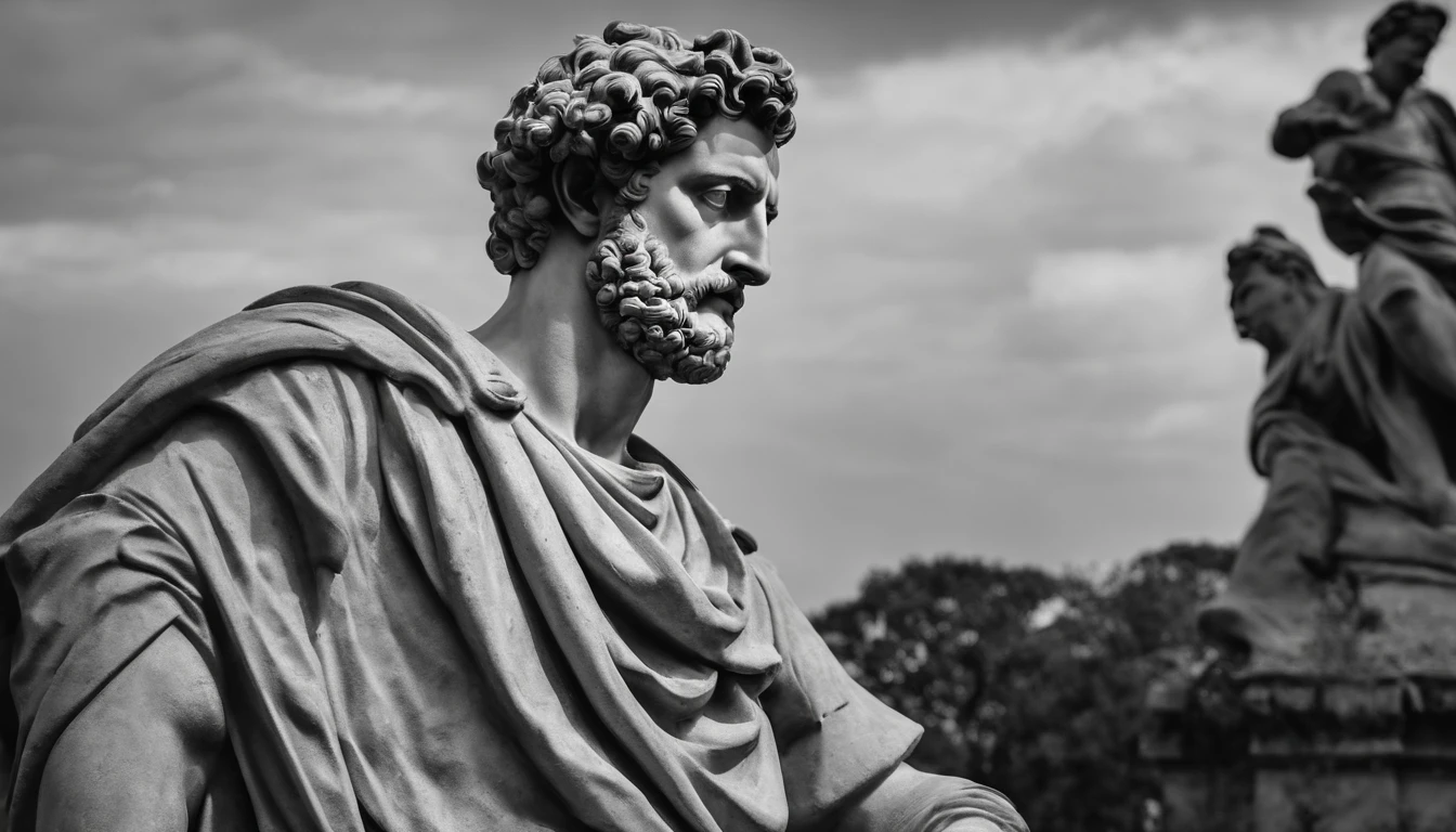 a statue of the stoic Marcus Aurelius in black and white 4K,Face de lado, papel de parede super realista, corpo forte, sem camisa, tronco forte