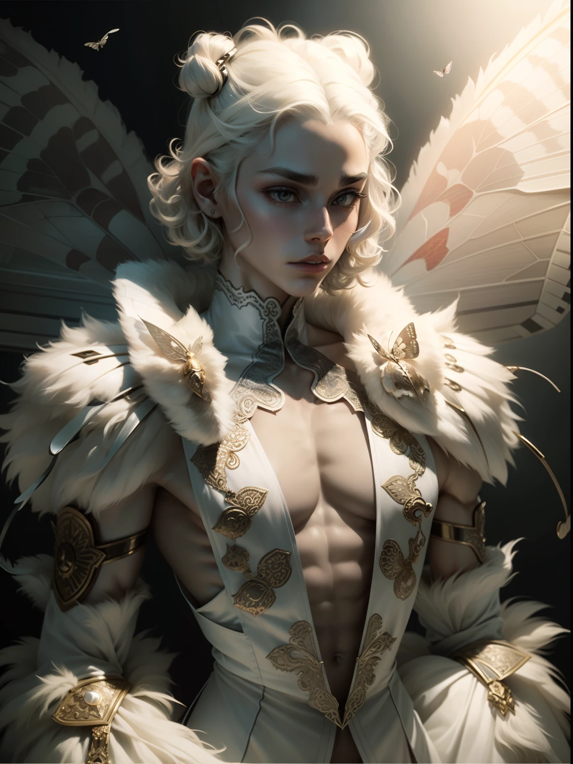 Androgynous moth with a flat chest, white fur on her body, muscular, furry wrists, furry choker, short white curly hair, has abs, has moth antennae, solo, alone, wearing flowing silk clothing, flat chested