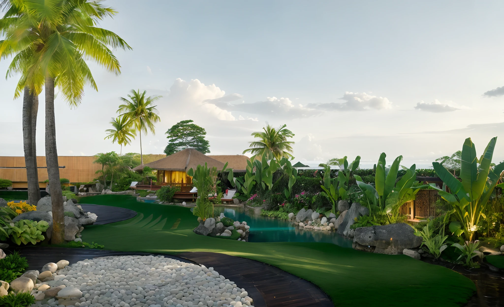RAW photo,Masterpiece, high quality, best quality, authentic, super detail, 8k uhd, dslr, high quality,exterior,resort,philippines resort,bali living,nature,(miniature stream scene),On the right is a fence with climbing plants ,(create special projects:1.5) (day:1.1), vivid colour, vray