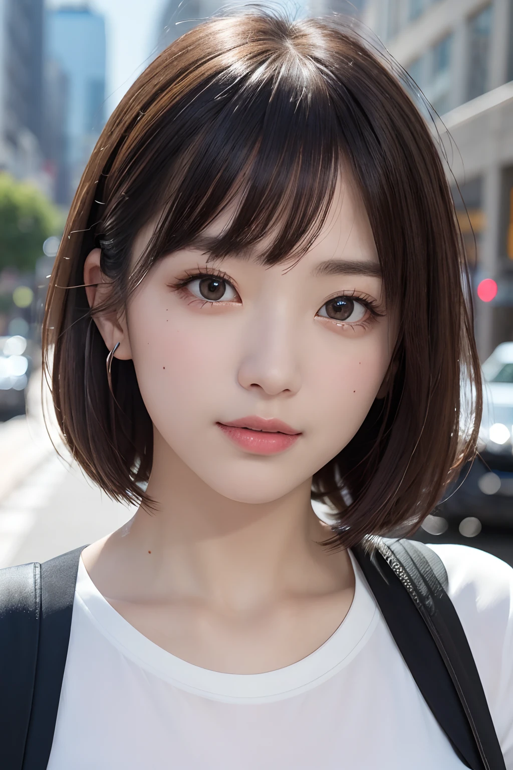 masterpiece, top-quality, in 8K, absurderes, The upper part of the body, whiteshirt, beautiful a girl, Clean face, looking at the viewers, A smile, A hyper-realistic, hight resolution, foco nítido, nffsw, face lights, Dynamic lighting, Lighting, Professional Shadows, beautiful cityscape background, highestdetailed, ighly detailed, ultra-detailliert, finely detail, authentic skin, Delicate facial features, Detailed face and eyes, Sharp pupils、Realistic pupils