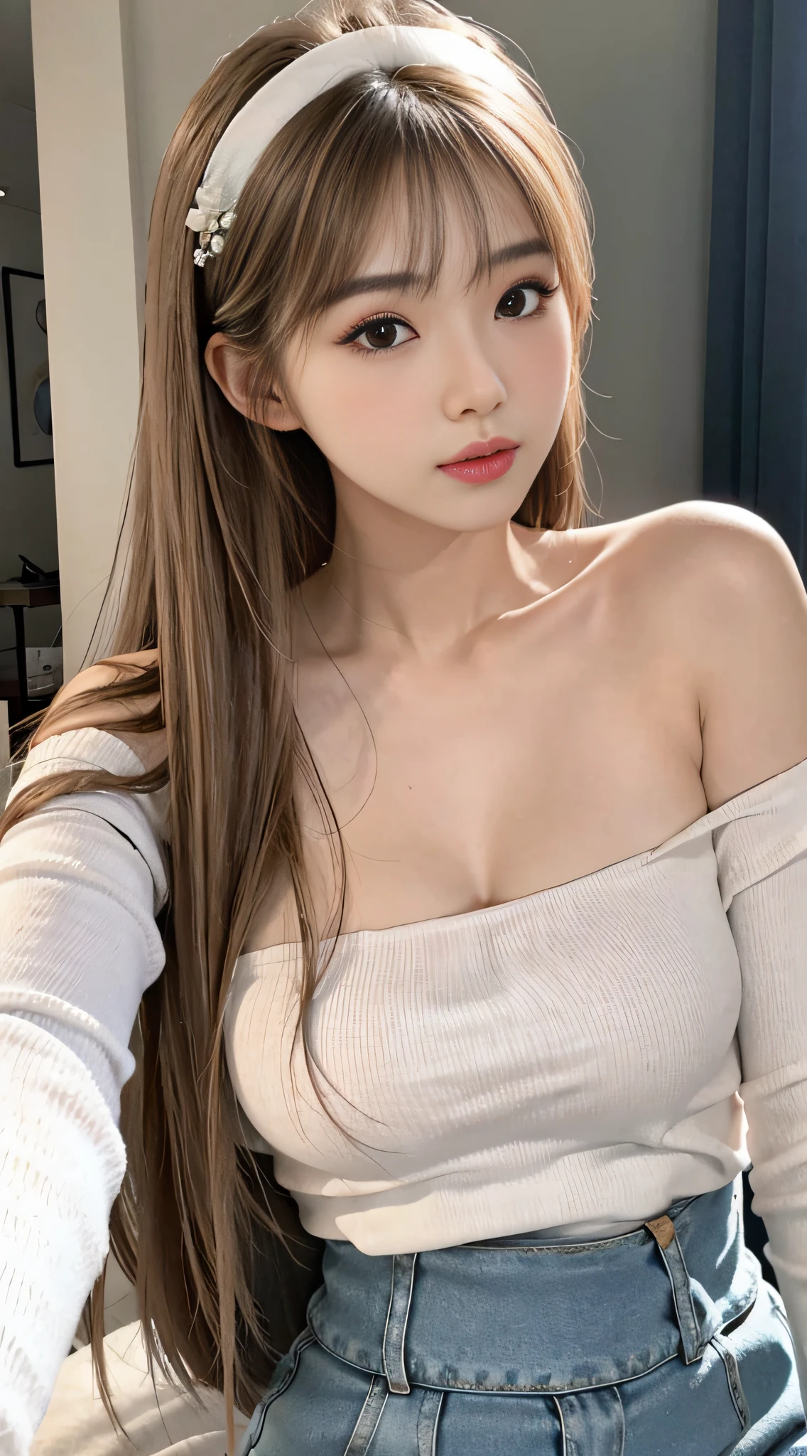 Fashion trendy beautiful and charming woman, gentle and charming Chinese beautiful woman, delicate and sexy collarbone, charming oval face, double eyelids, smart peach blossom eyes, pink lips, small nose, bare shoulders, focus on the face, close-up of the face, Ultra-high-definition, super-detailed, full-body photo, ultra-thin and light-transmitting, the white off-the-shoulder shirt perfectly echoes the light blue slit skirt, fresh and good, and can be seen through