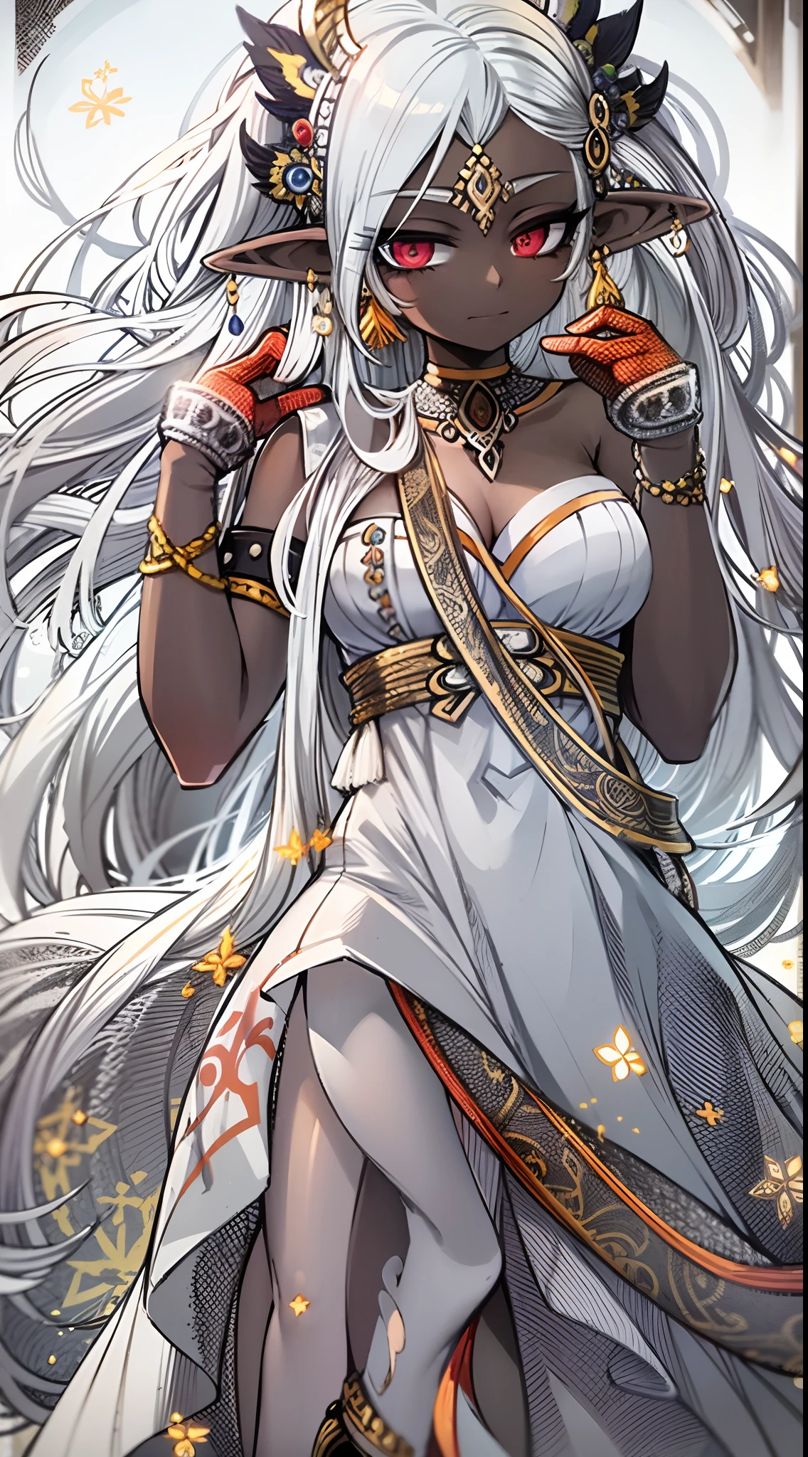 Vibrant colors, Small and beautiful ,Dark Ski Big Dress,Torn dress,Tattered Dress,Dark skin,elf princess,long ears, White hair, masutepiece, High quality, 8K, High resolution, detaileds,Single braid, Red Eyes,Earring, Jewelry
