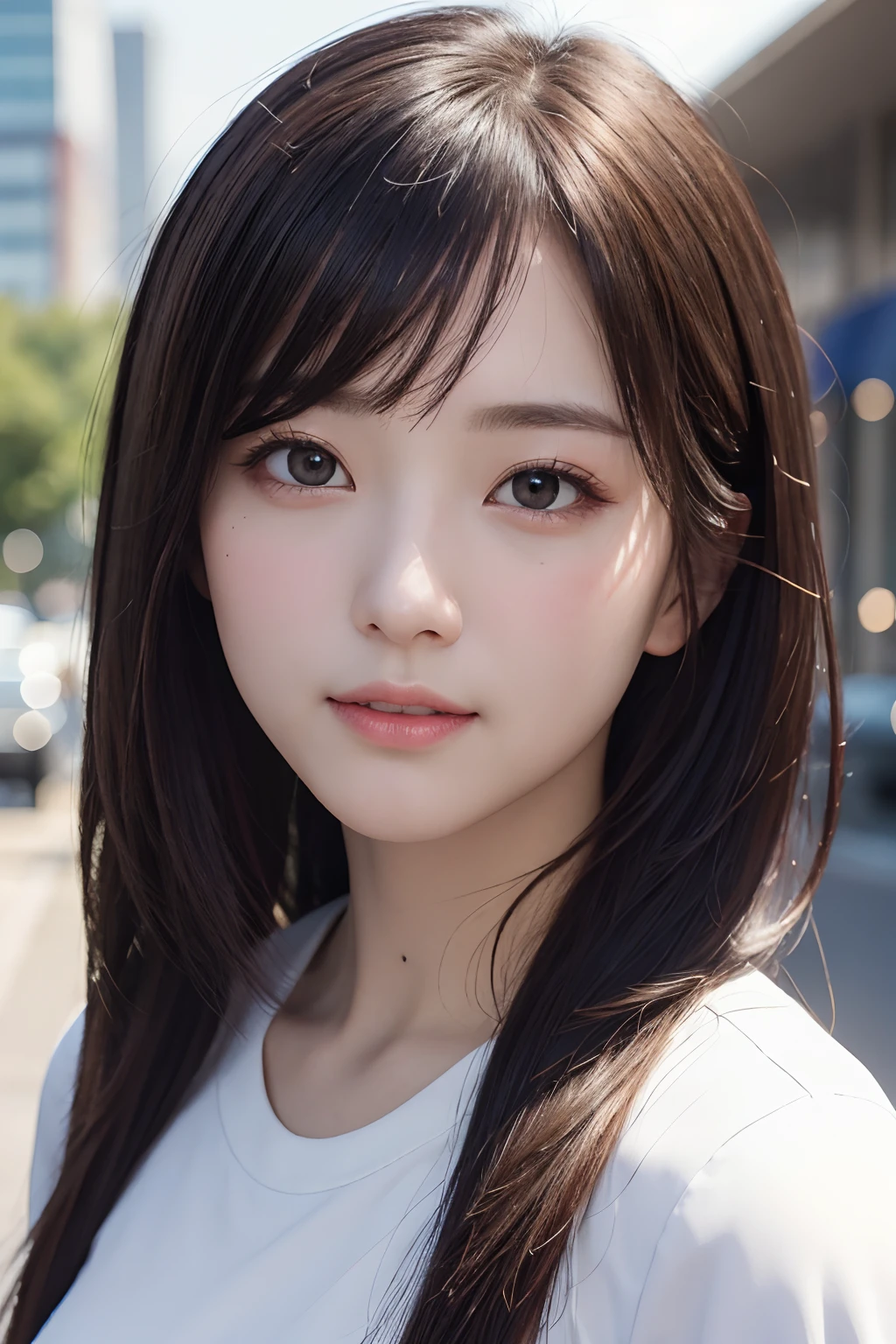 masterpiece, top-quality, in 8K, absurderes, The upper part of the body, whiteshirt, beautiful a girl, Clean face, looking at the viewers, A smile, A hyper-realistic, hight resolution, foco nítido, nffsw, face lights, Dynamic lighting, Movie Lighting, Professional Shadows, beautiful cityscape background, highestdetailed, ighly detailed, ultra-detailliert, finely detail, authentic skin, Delicate facial features, Detailed face and eyes, Sharp pupils、Realistic pupils