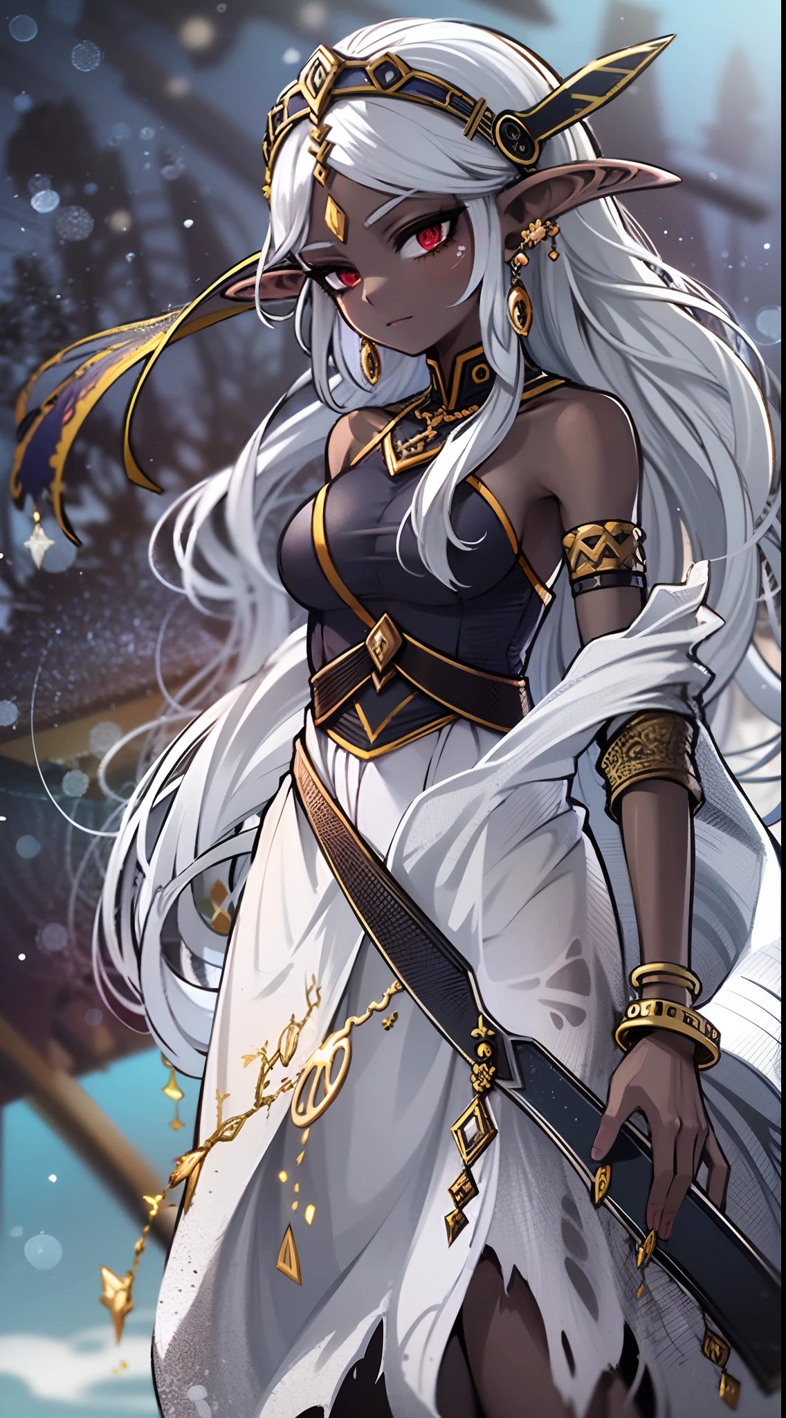 Dark skin, Aztec, female, medium breasts, slender legs, thick thighs, mystical, midriff, stomach, medium skirt, sheer silver top, silver hair, full body, gray eyes, mature, small smile, head tilt, cute eyes, small sheer cloak, moon lit background, five fingers, normal hands, high resolution, (two arms), normal human hands, 2 arms, best quality, vibrant colors, rainbow