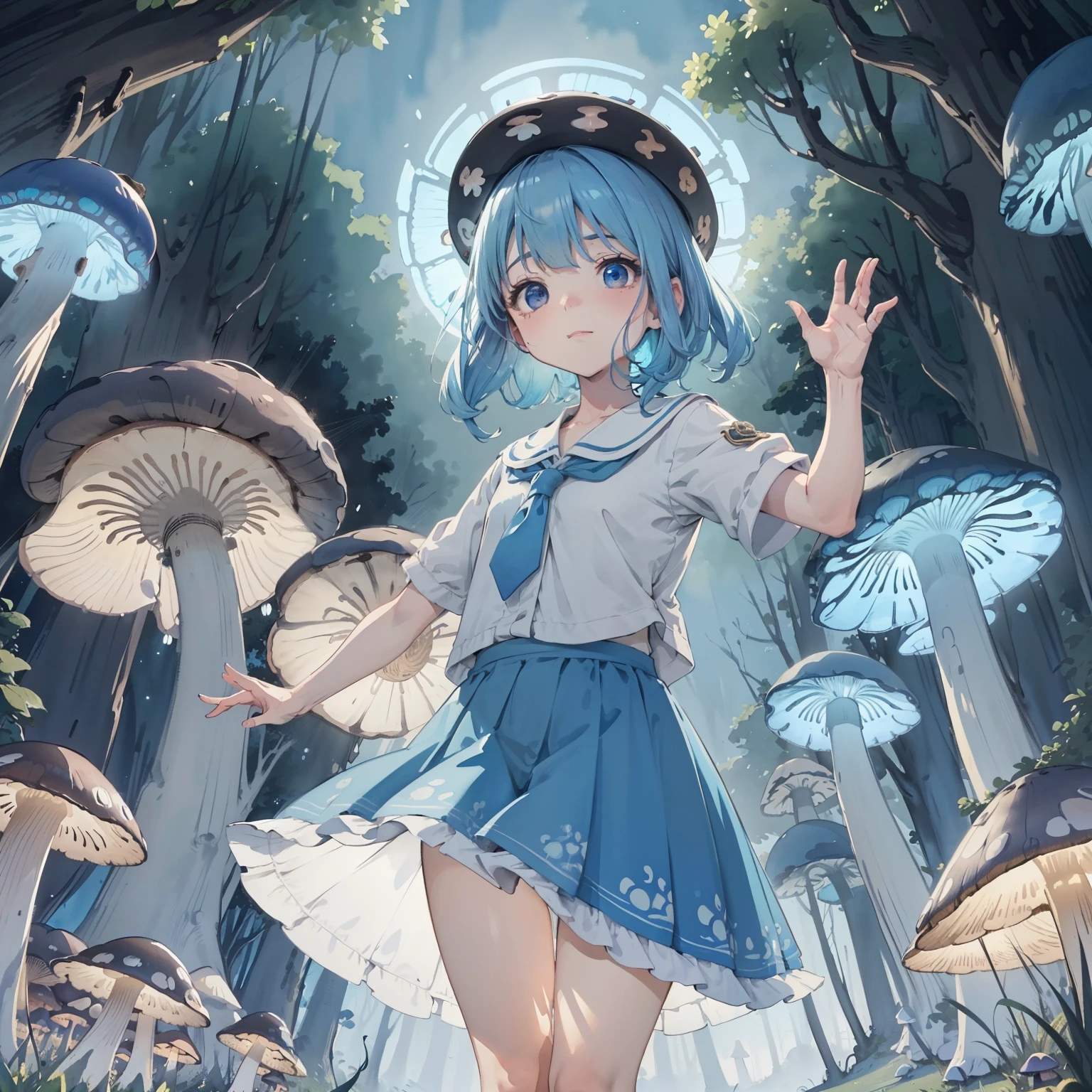 Beautiful and aesthetic,, Solo,Cute,Sky blue hair,pleatedskirt，Dance，Cogumelos，Mushrooms，Huge mushrooms，spore，(glowing ambiance, enchanting glow, luminouslighting, Ethereal atmosphere,Watercolor illustration, Perfect anatomy, Masterpiece, Best quality, 1girll, ****,elementary student,Nature, landscape