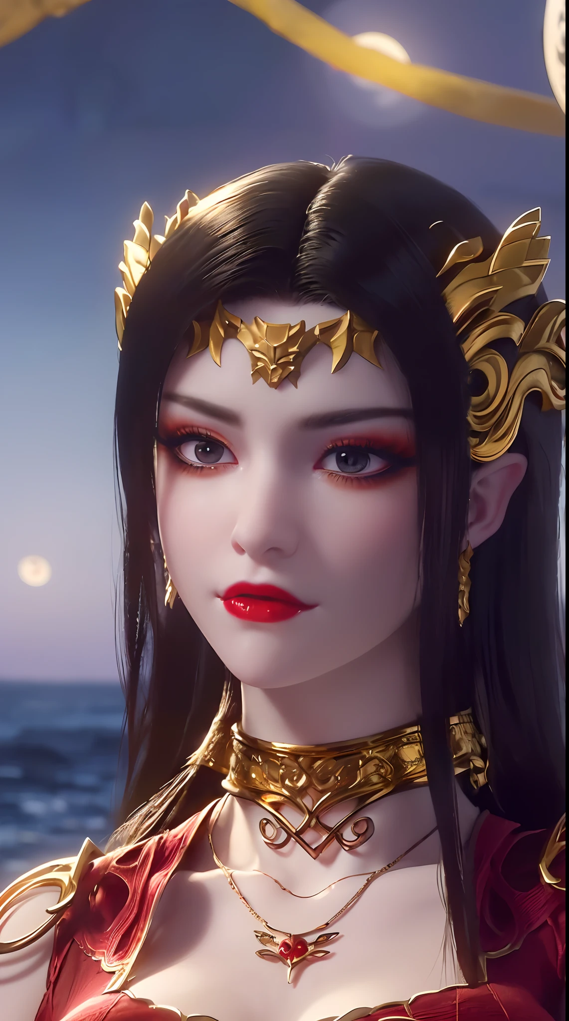 1 beautiful and sexy 20 year old girl, ((wearing a super red dress:1.6)), a dress with diamonds, ((long black hair:1.6)), jewelry elaborately made from precious stones and beautiful hair, ((wearing a 24k gold lace necklace:1.4))), ((A thin red silk scarf covers half of the face:1.5)), the noble, noble style of an extremely beautiful girl, her small face is super cute, her face is very pretty, thin eyebrows, flawless beautiful face, ((black eye pupils: 0.8)), very beautiful eyes, ((platinum blue eyes: 1.6)), (((big round eyes:1.6))), nice makeup and hair detailed eyelashes, steamy eye makeup, high nose, earrings, red lips, ((closed mouth: 1.5)) beautiful lips, slim hands, most beautiful thighs, ((arms spread out to the sides: 1.5)), rosy face, clean face, flawless beautiful face, smooth white skin, (big breasts: 1.5)), ((high breasts: 1.6)), tight breasts, beautiful cleavage, (((big breasts and super round: 1.8))), ((super tight breasts: 1.7)) , beautiful breasts, perfect body, back arms, chest out, thin black mesh stockings with black lace trim, 8k photo, super high quality, super realistic, super 10x pixels, optical, bright studio, bright edges, dual-tone lighting, (high-detail skin:1.2), super 8k, soft lighting, high quality, volumetric lighting, photorealistic, photorealistic high resolution, lighting, best photo, 4k, 8k quality, blur effect, smooth sharp, 10 x pixel, ((sea and moonlight at night background:1.5)), aurora, lightning, super graphics realistic, most realistic graphics, 1 girl, alone, solo, Extremely sharp image, surreal, (((frontal portrait: 1.5)))."