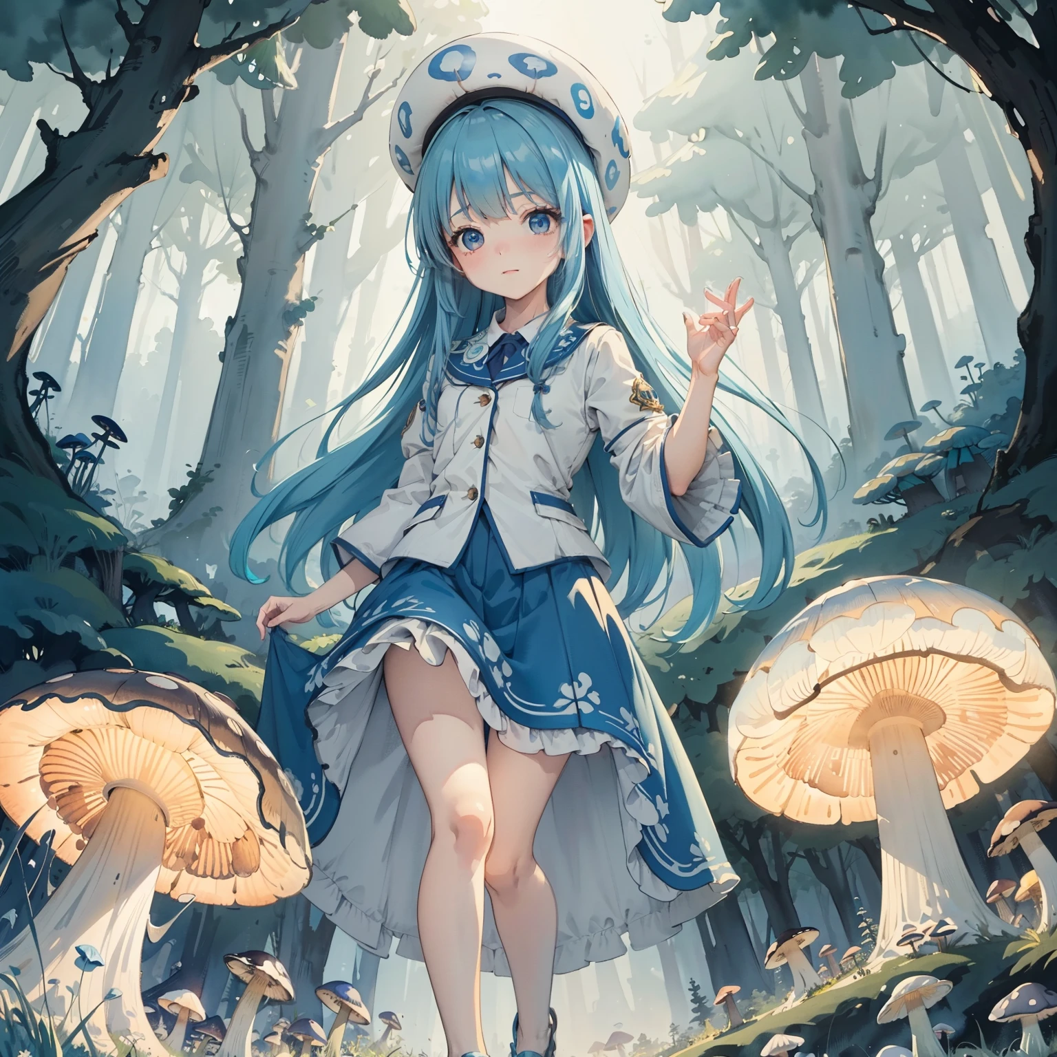 Beautiful and aesthetic,, Solo,Cute,Sky blue hair,pleatedskirt,Dance,Cogumelos,Mushrooms,Huge mushrooms,spore,(glowing ambiance, enchanting glow, luminouslighting, Ethereal atmosphere,Watercolor illustration, Perfect anatomy, Masterpiece, Best quality, 1girll, li,eature, landscape