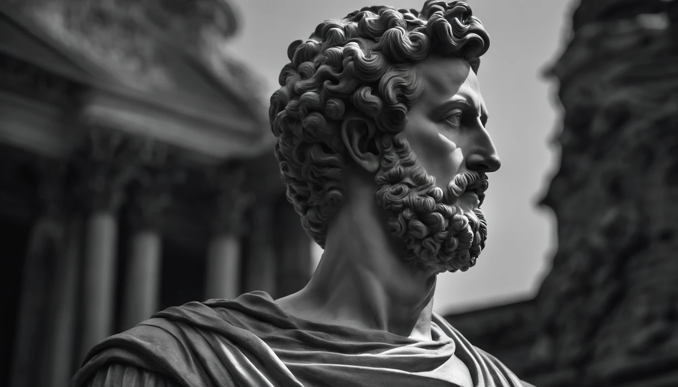 a portrait statue of the stoic Marcus Aurelius in black and white 4K,corpo todo ,forte,musculoso,sem camisa papel de parede super realista