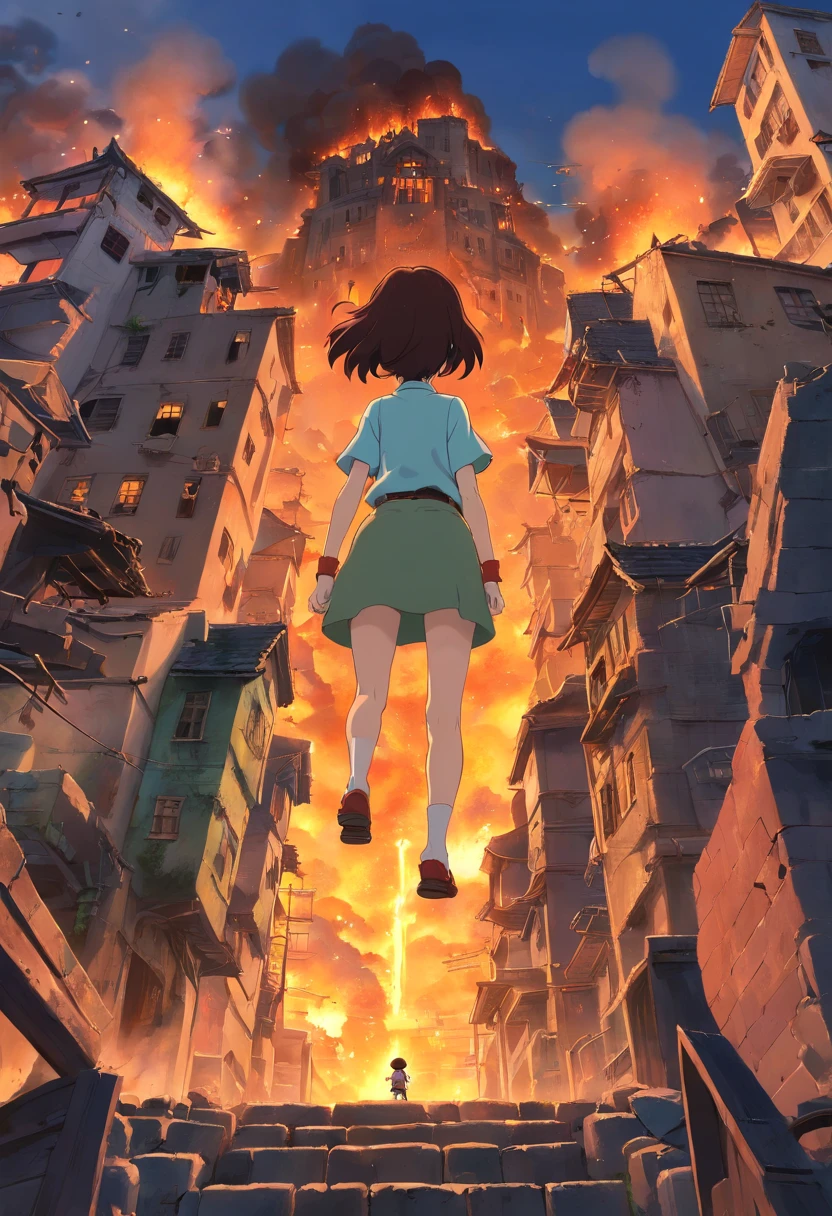 Mini giantess anime wallpaper, A mini-giantess girl stands in the center of a ruined and burning city, The city is on fire, Computer desktop wallpaper, Scarred face, from bottom to up view, The giantess looks at the observer, The city is on fire, great quality, An intimidating night atmosphere, Cruel mini-giantess, which destroys this city, The height of the giantess is 15 meters, The giantess can be seen from behind the house, The upper part of her body is visible, The rest is hidden behind the house, view from bottom, The average distance to the giantess