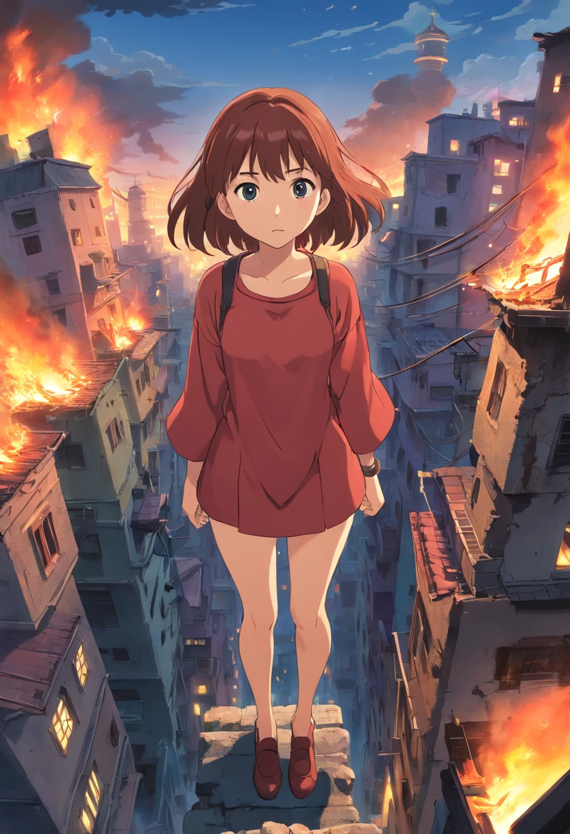Mini giantess anime wallpaper, A mini-giantess girl stands in the center of a ruined and burning city, The city is on fire, Computer desktop wallpaper, Scarred face, from bottom to up view, The giantess looks at the observer, The city is on fire, great quality, An intimidating night atmosphere, Cruel mini-giantess, which destroys this city, The height of the giantess is 15 meters, The giantess can be seen from behind the house, The upper part of her body is visible, The rest is hidden behind the house, view from bottom, The average distance to the giantess