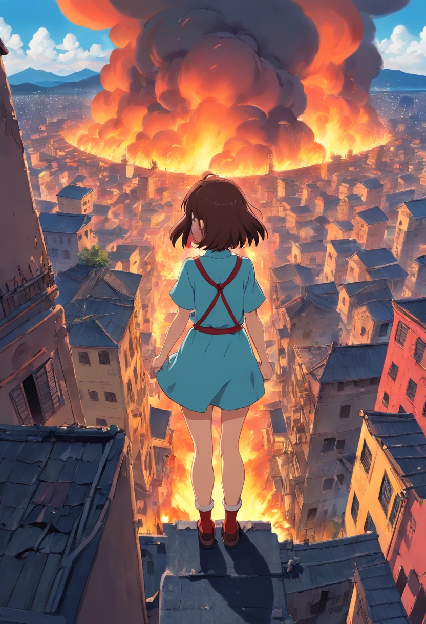 Mini giantess anime wallpaper, A mini-giantess girl stands in the center of a ruined and burning city, The city is on fire, Computer desktop wallpaper, Scarred face, from bottom to up view, The giantess looks at the observer, The city is on fire, great quality, An intimidating night atmosphere, Cruel mini-giantess, which destroys this city, The height of the giantess is 15 meters, The giantess can be seen from behind the house, The upper part of her body is visible, The rest is hidden behind the house, view from bottom, The average distance to the giantess