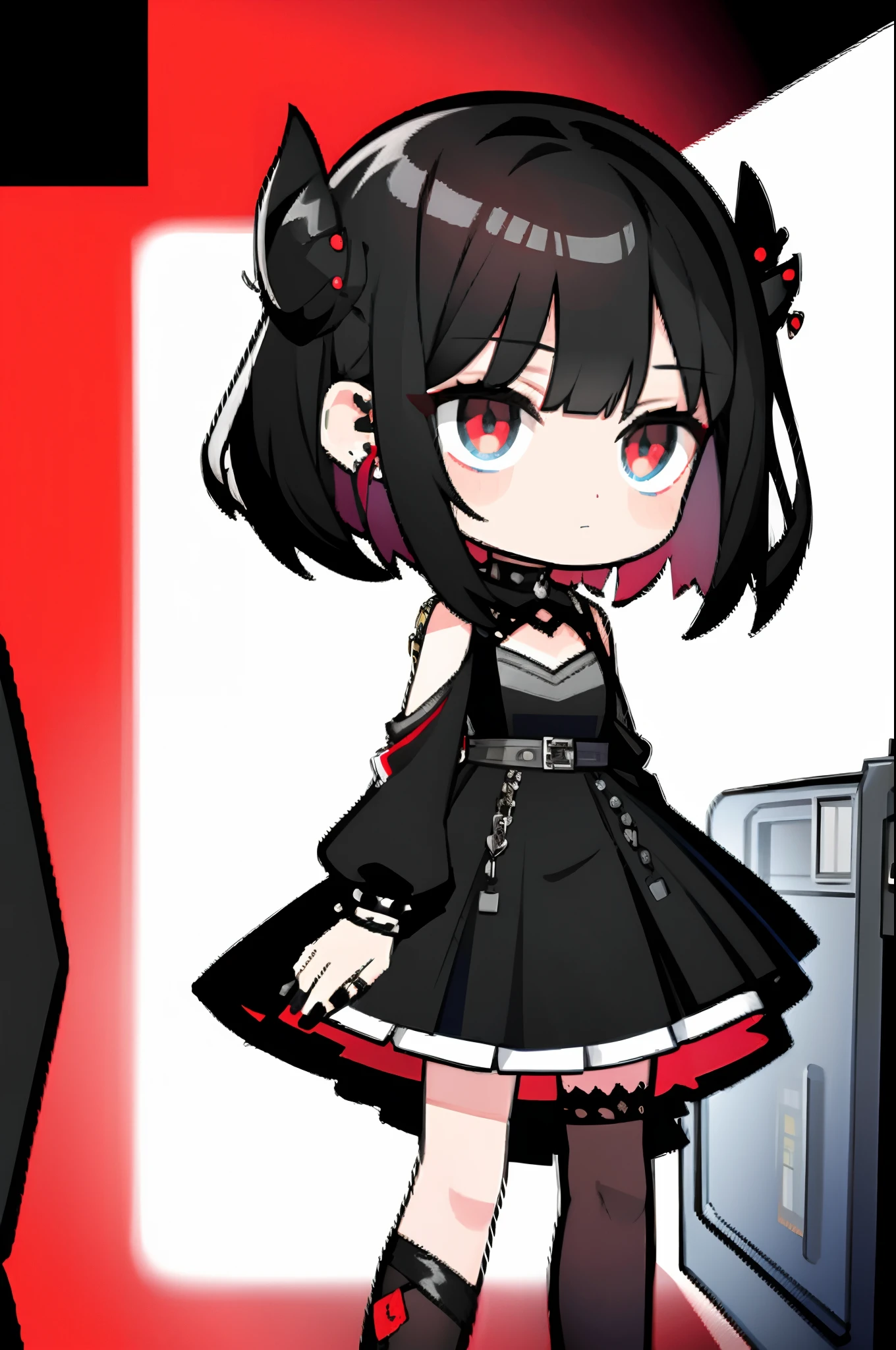 teens girl,Red pupils,short detailed hair,Black and white dress,Wearing black silk and leg rings
