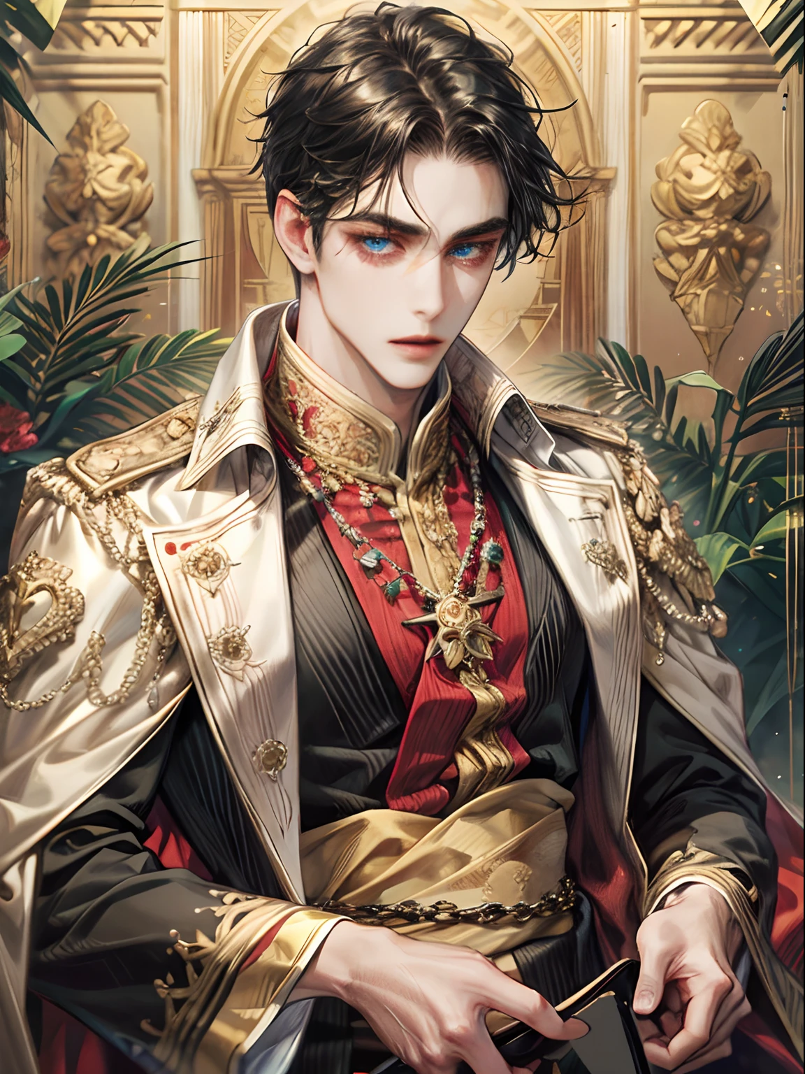 beste-Qualit, CG Games, 1 man, 1 Beautiful Boy, Charming eyes, Sharp impression, Royal men in black oriental dresses with gold and red ornaments and chain decoration., Beautiful male aristocracy, master-piece, beste-Qualit, 10, detailed skin texture, detailed cloth texture, beautiful detailed face, intricate detailed, ultra-detail,Blue eyes,Black Hair,handsome face,prince