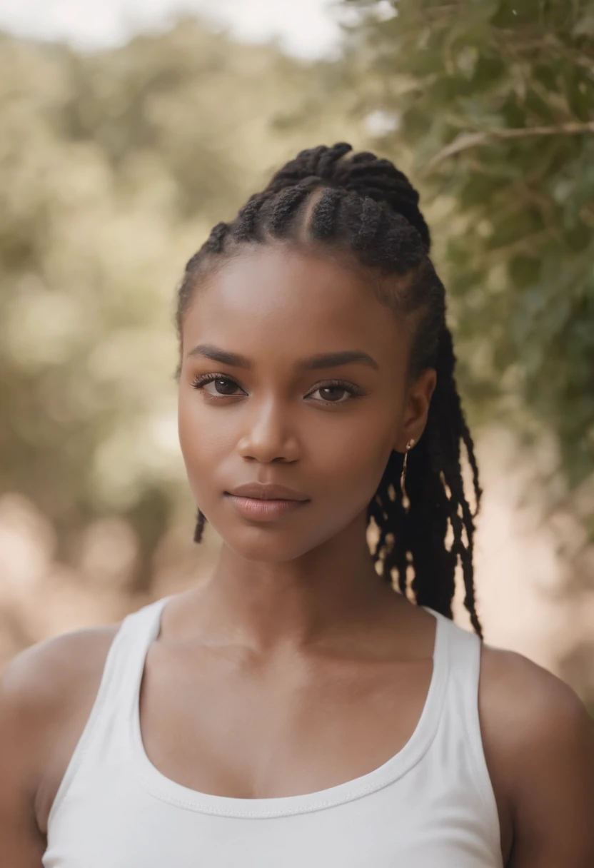 best quality, high detail, (detailed face), detailed eyes,((best quality, masterpiece)), ((2 caramel skinned African girl)), bra, (arms at side:1.2), groin,big hip bones, ponytail, black hair, (((underboob))), standing, outdoors, facing front