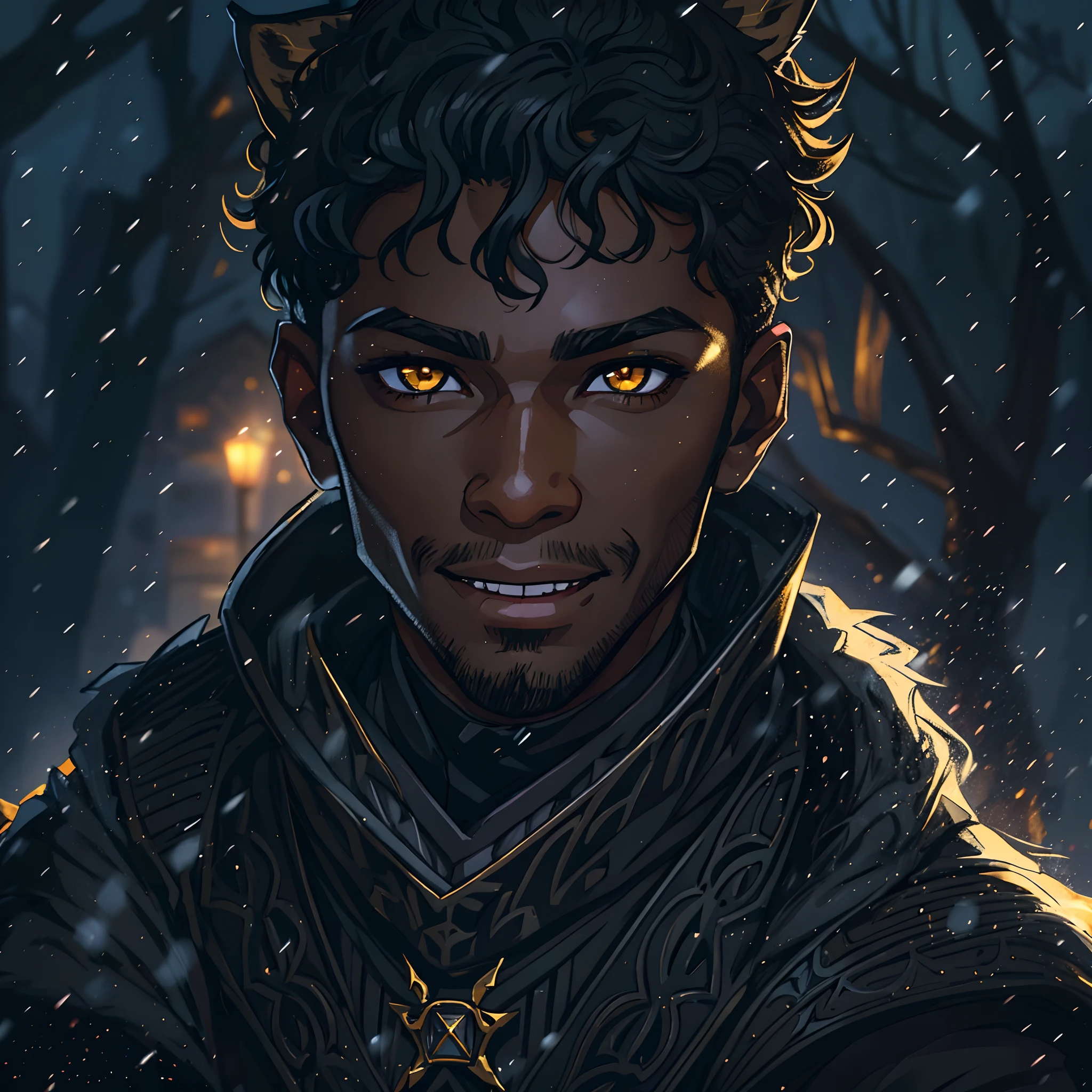 Close up in a beautiful black man with short wavy hair, young man, confident eyes, Black beauty, golden eyes, lynx ears, and a confident smile, dressed in dark and black attire like an assassin, a fantasy character, an RPG character. Warm lighting, snowflakes falling, he is in the tundra, perfect eyes, 4k, perfect details