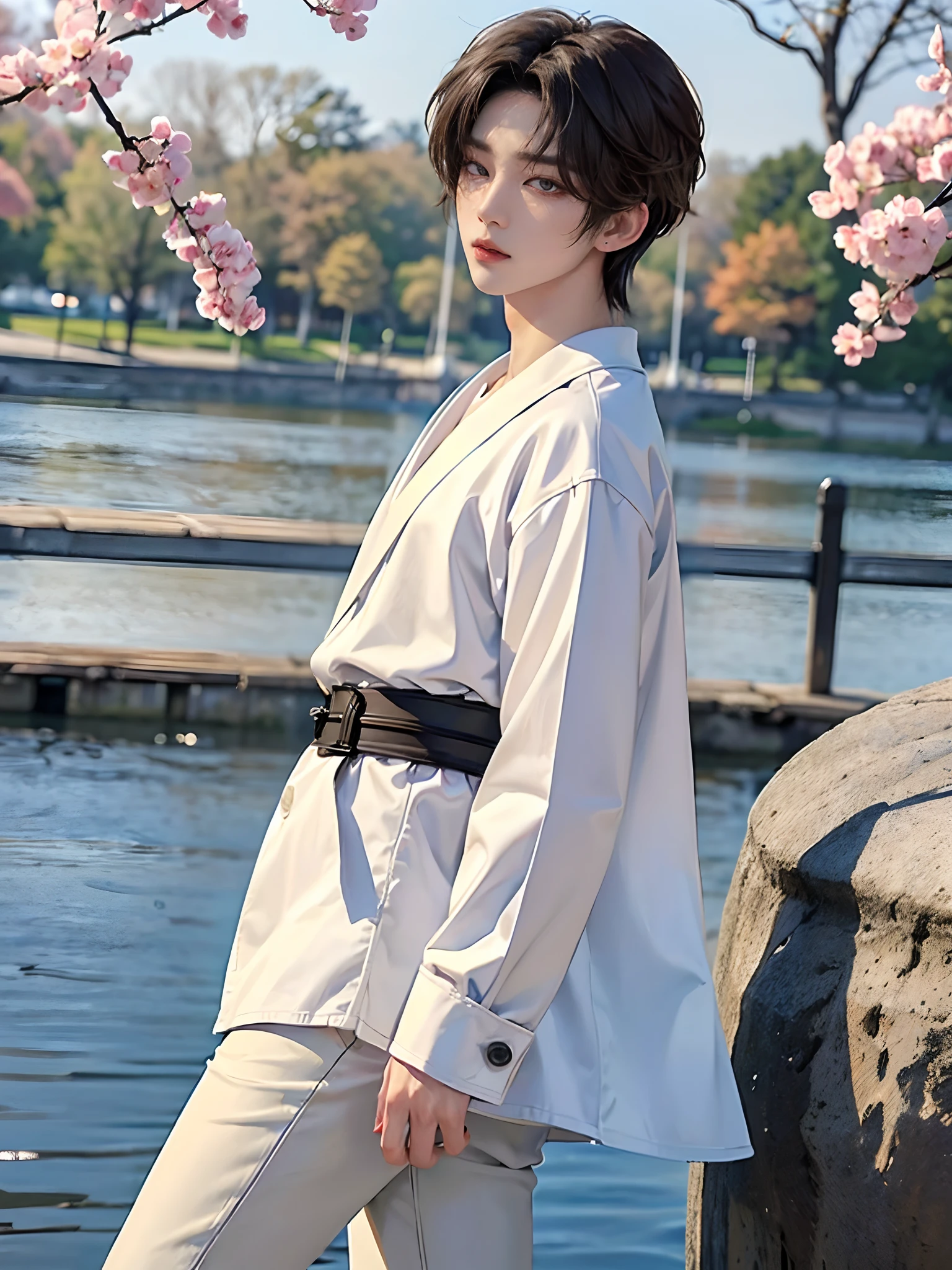 masterpiece、(top-quality)、((high-level image quality))、One Manly Boy、Slim body、((White Y-shirt and long black pants:1.1))、(Detailed beautiful eyes)、In the Han River、Face similar to Chaewon in Le Selefim、((short hair above the ears))、((Smaller face))、((Neutral face))、((Light brown eyes))、((Korean boy))、((18year old))、((Handsome man))、((Wild look))、((Korean Makeup))、((elongated and sharp eyes))、((Happy dating))、((He is walking in front of the viewer))、((shot from a side angle))
