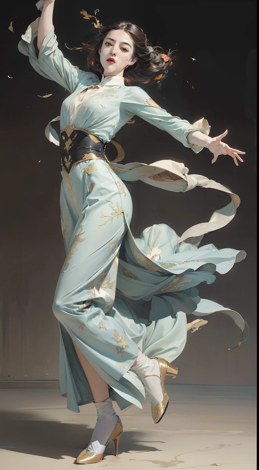 (Masterpiece, Top quality, Best quality, offcial art, Beautiful and aesthetic:1.2), (1girll:1.4), (full body shot shot),extreme detailed details,(Joshua Middleton comic book cover art:1.1), (Action painting:1.2),(concretism:1.2),theater dance scene,(hypermaximalistic:1.5),Colorful,highest details,(long leges,Booties)
