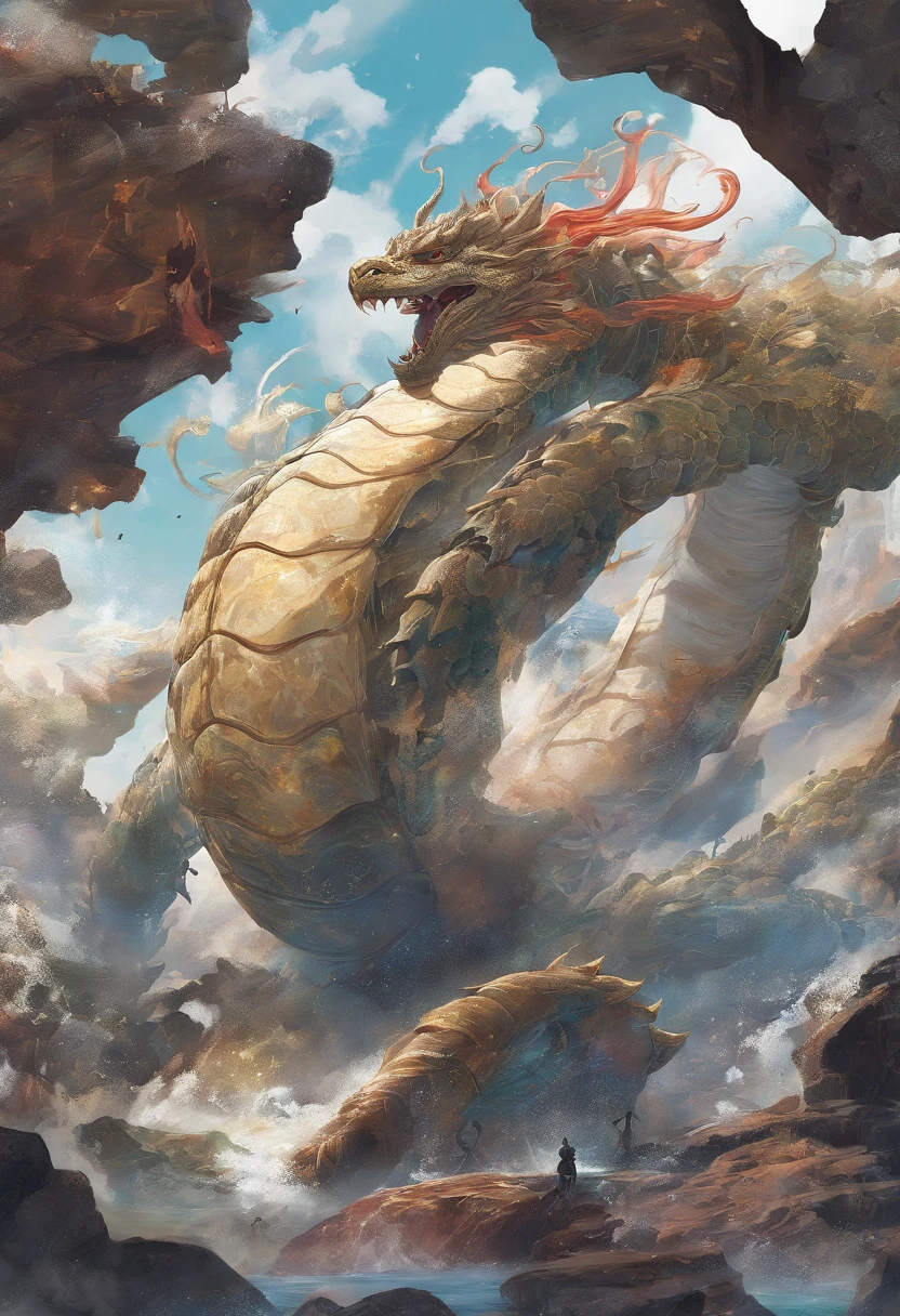 Dragon turtle(Heavy tortoiseshell shell,faucet,The long tail of the snake),tosen,Huge waves,China-style,oc rendered,super-fine,Hyper-realistic,Ultra photo realsisim,high qulity,8K high resolution,ultra - detailed