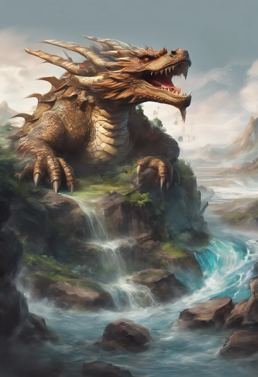 Dragon turtle（Heavy tortoiseshell shell，faucet，The long tail of the snake），tosen，Huge waves，China-style，oc rendered，super-fine，Hyper-realistic，Ultra photo realsisim，high qulity，8K high resolution，ultra - detailed