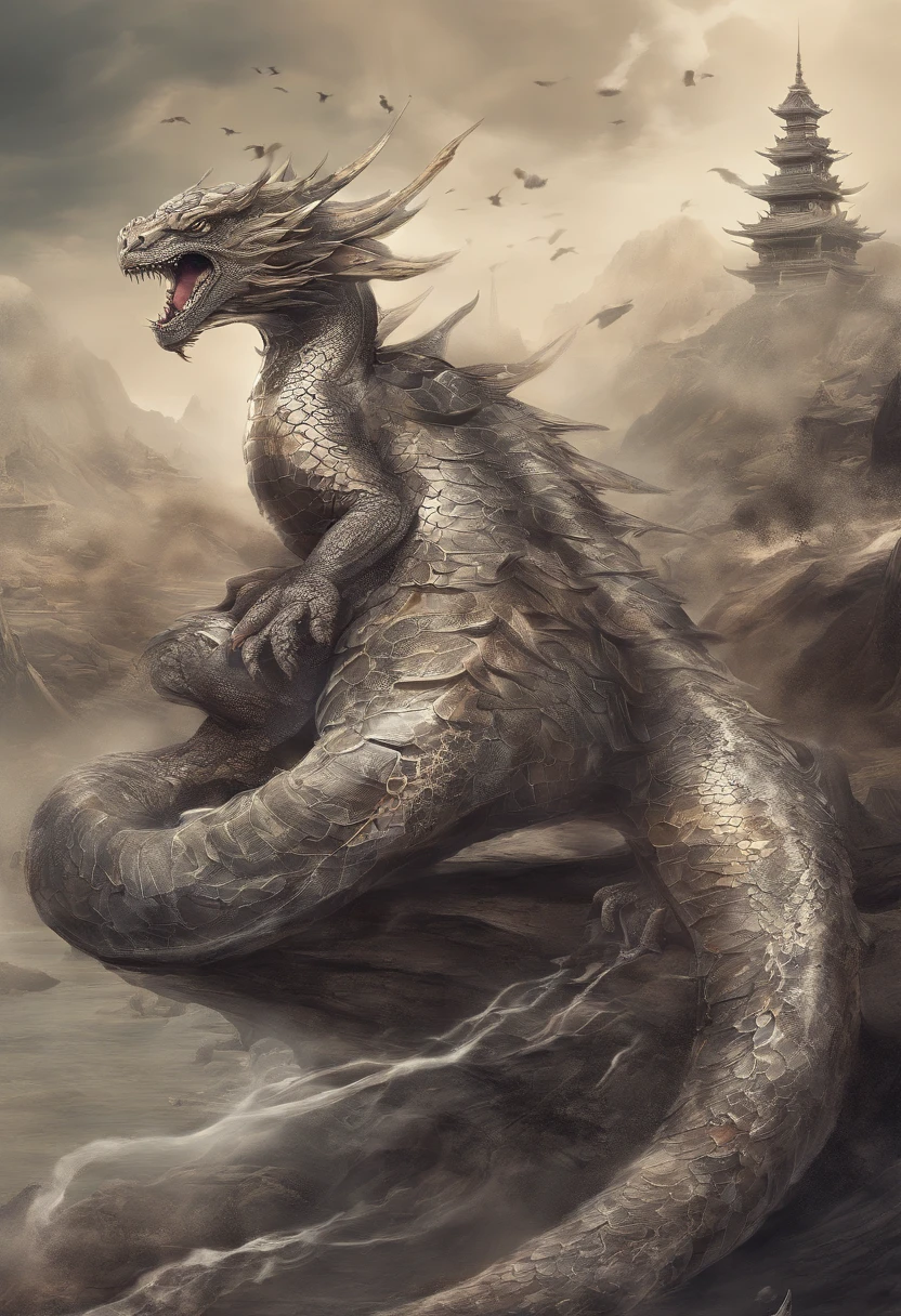Dragon turtle(Heavy tortoiseshell shell,faucet,The long tail of the snake),tosen,Huge waves,China-style,oc rendered,super-fine,Hyper-realistic,Ultra photo realsisim,high qulity,8K high resolution,ultra - detailed