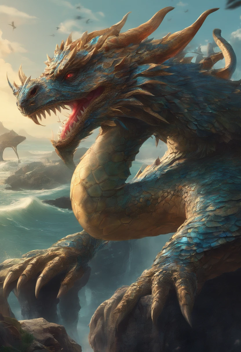 China-style,Chinese mythology,Dragon turtle,faucet,Angular,Turtle body,Giant tortoiseshell shell,(Heavy tortoiseshell shell:1.4),The tail of the snake grows out,has horns on its head,tosen,Ferocious,gargantuan,The eyes glow blue light,the sea,Huge waves,surrounded by cloud,中景 the scene is,Full body like, highly detailed surreal vfx,oc rendered, - AR 16:9 --q 2 --s 1000