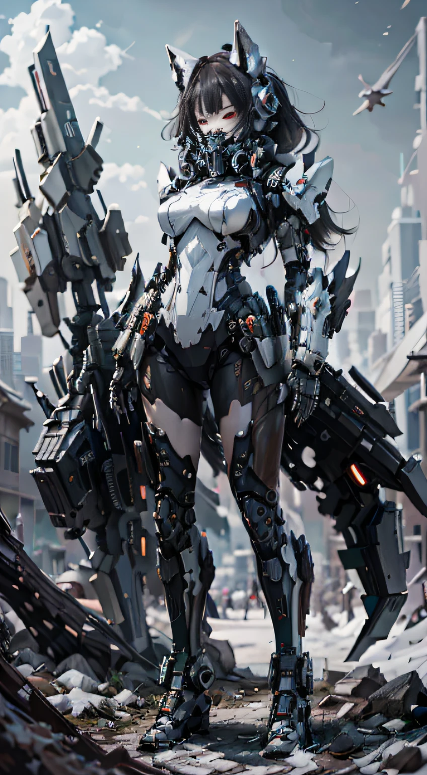 This is a hyper-detail、High resolution and top quality CG Unity 8k wallpaper,The style is cyberpunk,Mainly black and red。A stunning snow fox woman takes center stage. Furry white frosting fox tail and delicate snow fox ears grow on the back,s delicate face,Wearing a steam mech mask,standing on ruins,The movement of a woman holding a long scythe in her hand,
