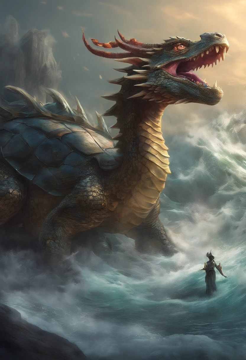 Dragon turtle（Heavy tortoiseshell shell，faucet，The long tail of the snake），tosen，Huge waves，China-style，oc rendered，super-fine，Hyper-realistic，Ultra photo realsisim，high qulity，8K high resolution，ultra - detailed