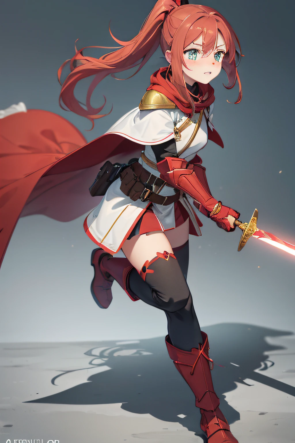 Lila, a human girl with medium height, long and wavy red hair tied in a side ponytail, bright green eyes and a cute face with freckles. She wears a light armor of red and black color, with a white cape over it. She uses a short sword as her main weapon, but also carries a hidden dagger in her boot,