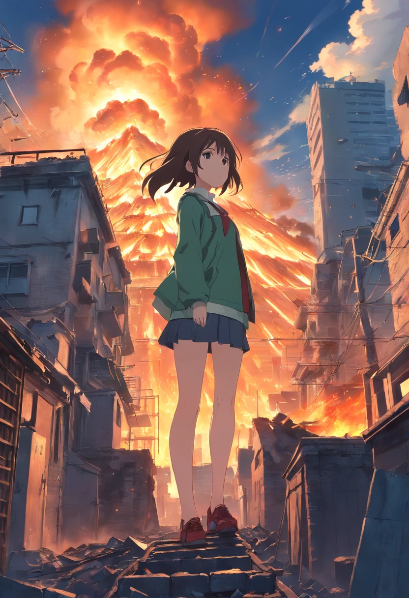 Mini giantess anime wallpaper, A mini-giantess girl stands in the center of a ruined and burning city, The city is on fire, Computer desktop wallpaper, Scarred face, from bottom to up view, The giantess looks at the observer, The city is on fire, great quality, An intimidating night atmosphere, Cruel mini-giantess, which destroys this city, The height of the giantess is 15 meters, The giantess can be seen from behind the house, The upper part of her body is visible, The rest is hidden behind the house, view from bottom, The average distance to the giantess