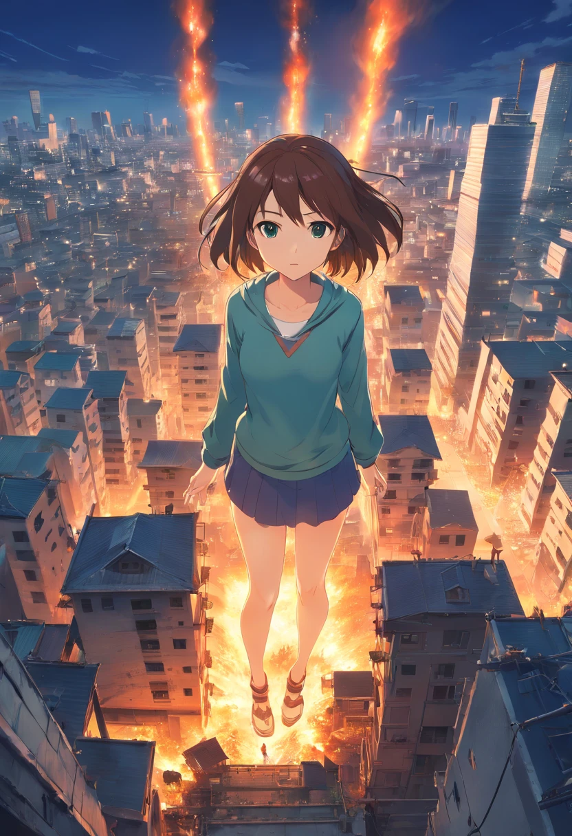 Mini giantess anime wallpaper, A mini-giantess girl stands in the center of a ruined and burning city, The city is on fire, Computer desktop wallpaper, Scarred face, from bottom to up view, The giantess looks at the observer, The city is on fire, great quality, An intimidating night atmosphere, Cruel mini-giantess, which destroys this city, The height of the giantess is 15 meters, The giantess can be seen from behind the house, The upper part of her body is visible, The rest is hidden behind the house, view from bottom, The average distance to the giantess