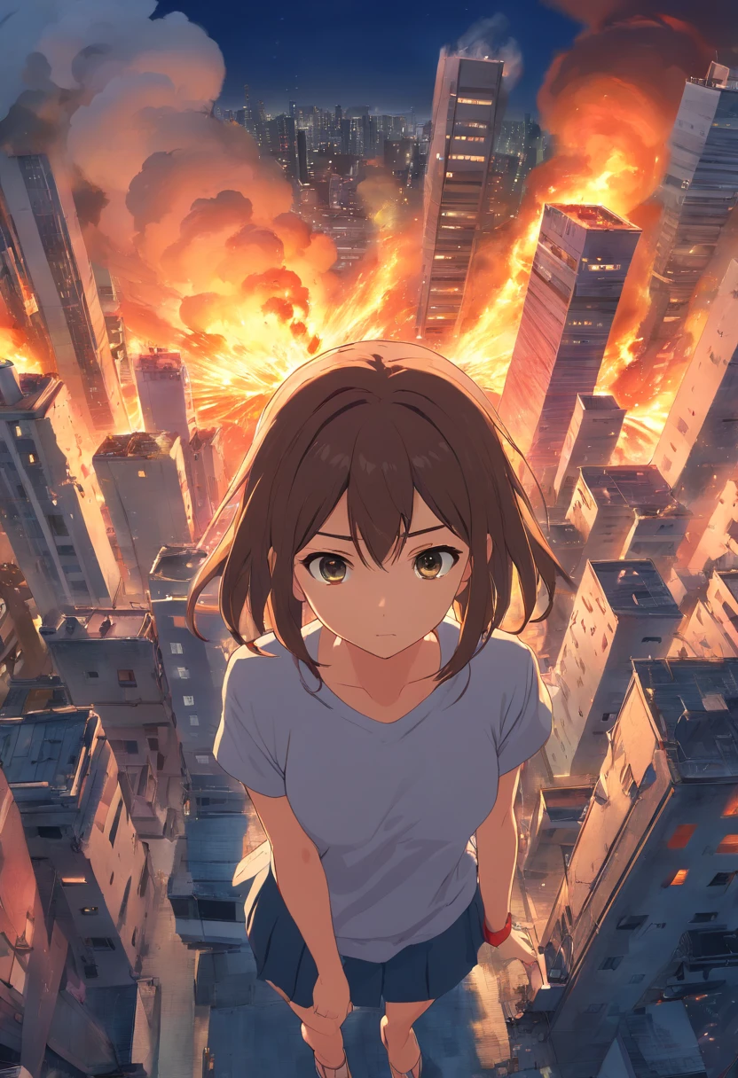 Mini giantess anime wallpaper, A mini-giantess girl stands in the center of a ruined and burning city, The city is on fire, Computer desktop wallpaper, Scarred face, from bottom to up view, The giantess looks at the observer, The city is on fire, great quality, An intimidating night atmosphere, Cruel mini-giantess, which destroys this city, The height of the giantess is 15 meters, The giantess can be seen from behind the house, The upper part of her body is visible, The rest is hidden behind the house, view from bottom, The average distance to the giantess