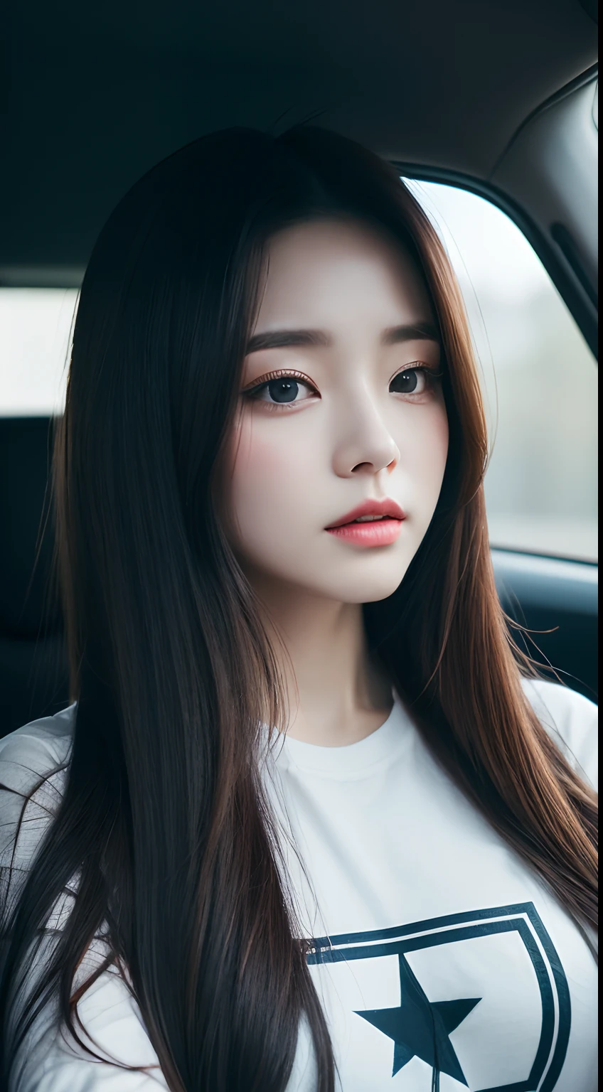 Realistic photos of (1 cute Korean star) straight hair, thin makeup, 32 inch breasts size, wearing t-shirt, sitting in the car, close-up portrait, selfie, cinematic lightning, UHD
