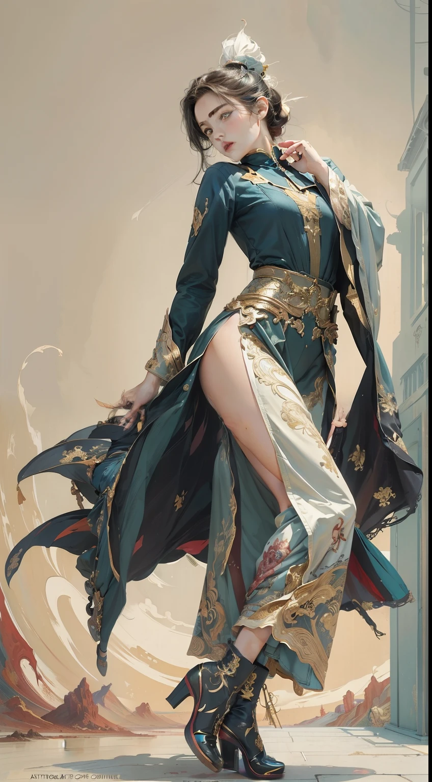 (Masterpiece, Top quality, Best quality, offcial art, Beautiful and aesthetic:1.2), (1girll:1.4), (full body shot shot),extreme detailed details,(Joshua Middleton comic book cover art:1.1), (Action painting:1.2),(concretism:1.2),theater dance scene,(hypermaximalistic:1.5),Colorful,highest details,(long leges,Booties)