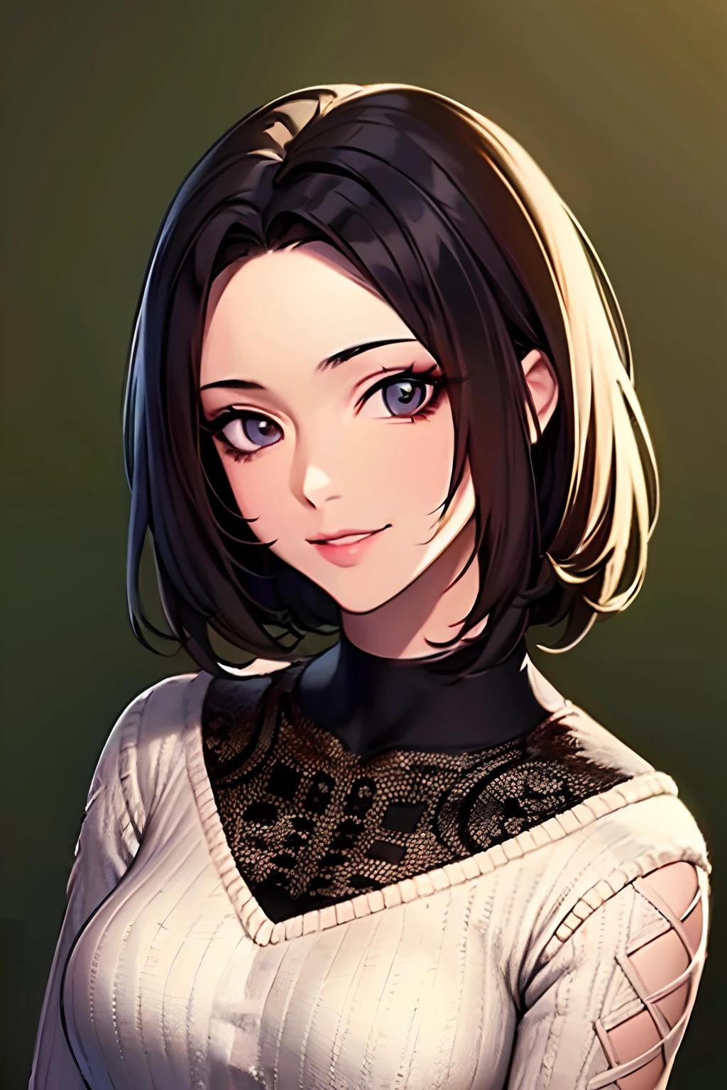 (masutepiece, Highest Quality), Beautiful and aesthetic, 1womanl, Idol, Elegant, (25 years old), Portrait, lightsmile, (North Reason Knit), Entire upper body, Simple background,