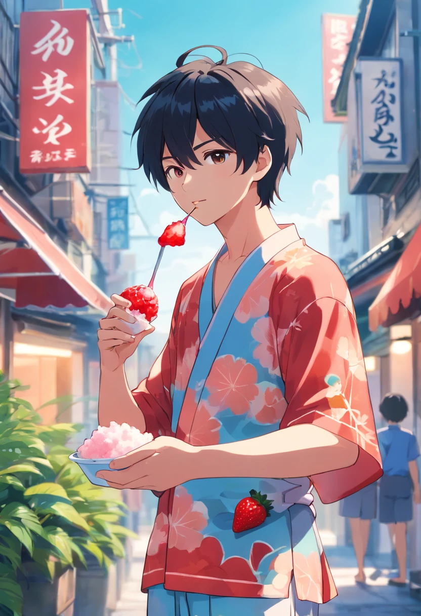 boy, 20 years old, black hair, summer yukata outfit, summer, eating strawberry shaved ice cream, cup of shaved ice, holding a cup of shaved ice in one hand, holding a spoon in the other, delicious food, wind cool, light green, detailed, best quality