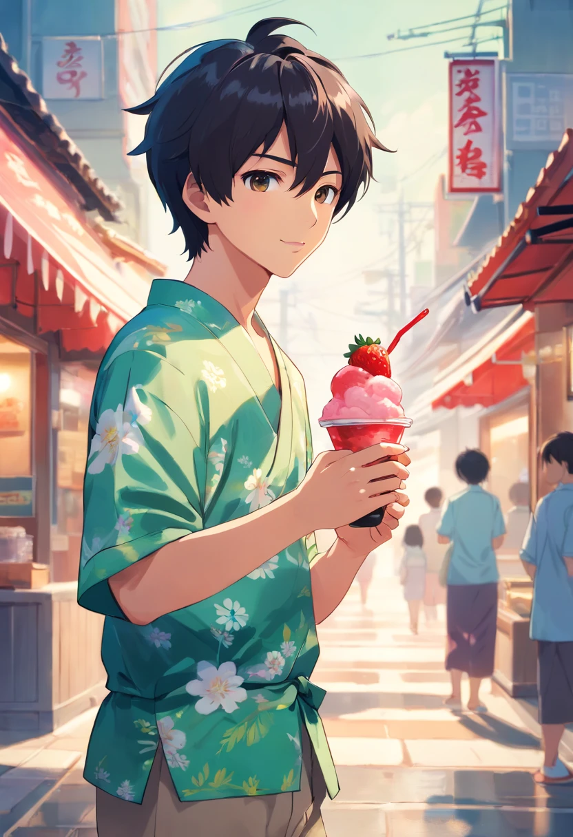 boy, 20 years old, black hair, summer yukata outfit, summer, eating strawberry shaved ice cream, cup of shaved ice, holding a cup of shaved ice in one hand, holding a spoon in the other, delicious food, wind cool, light green, detailed, best quality