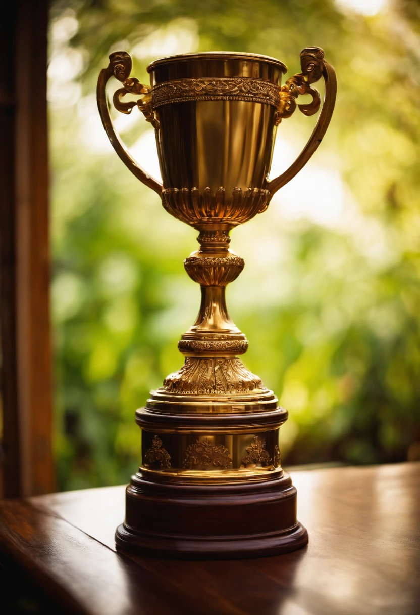 I need a picture of a trophy on top of a wooden table and in the background there is a garden