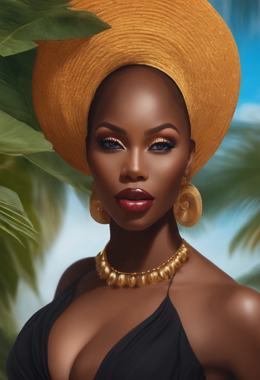 Create a black African woman with big breasts in a sexy outfit and with natural blonde hair