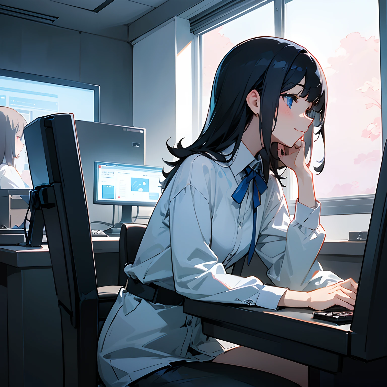 Beautiful illustration、top-quality、girl with、Black hair、shorth hair、A slight smil、profile、Delicat eyes、blue eyess、personal computers、officeworker、s Office