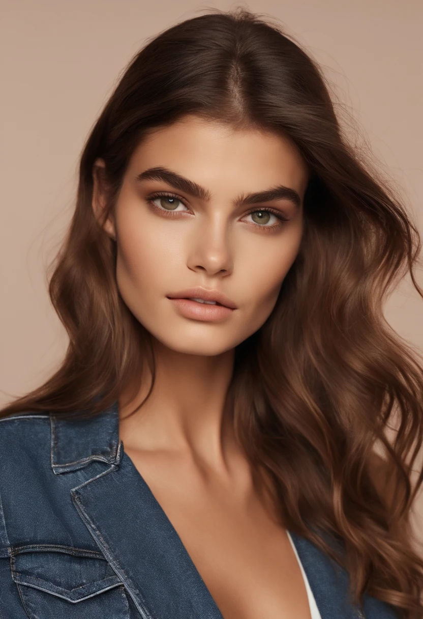 Femme brune, fille aux yeux bruns, Portrait de Kaia Gerber , cheveux bruns et grands yeux, selfie of a young woman, Yeux Chambre , maquillage, maquillage naturel, looking straight at camera, Visage avec Artgram, maquillage fin, Superbe plan complet, Au bord de la piscine , pointes fourchues, cheveux longs,