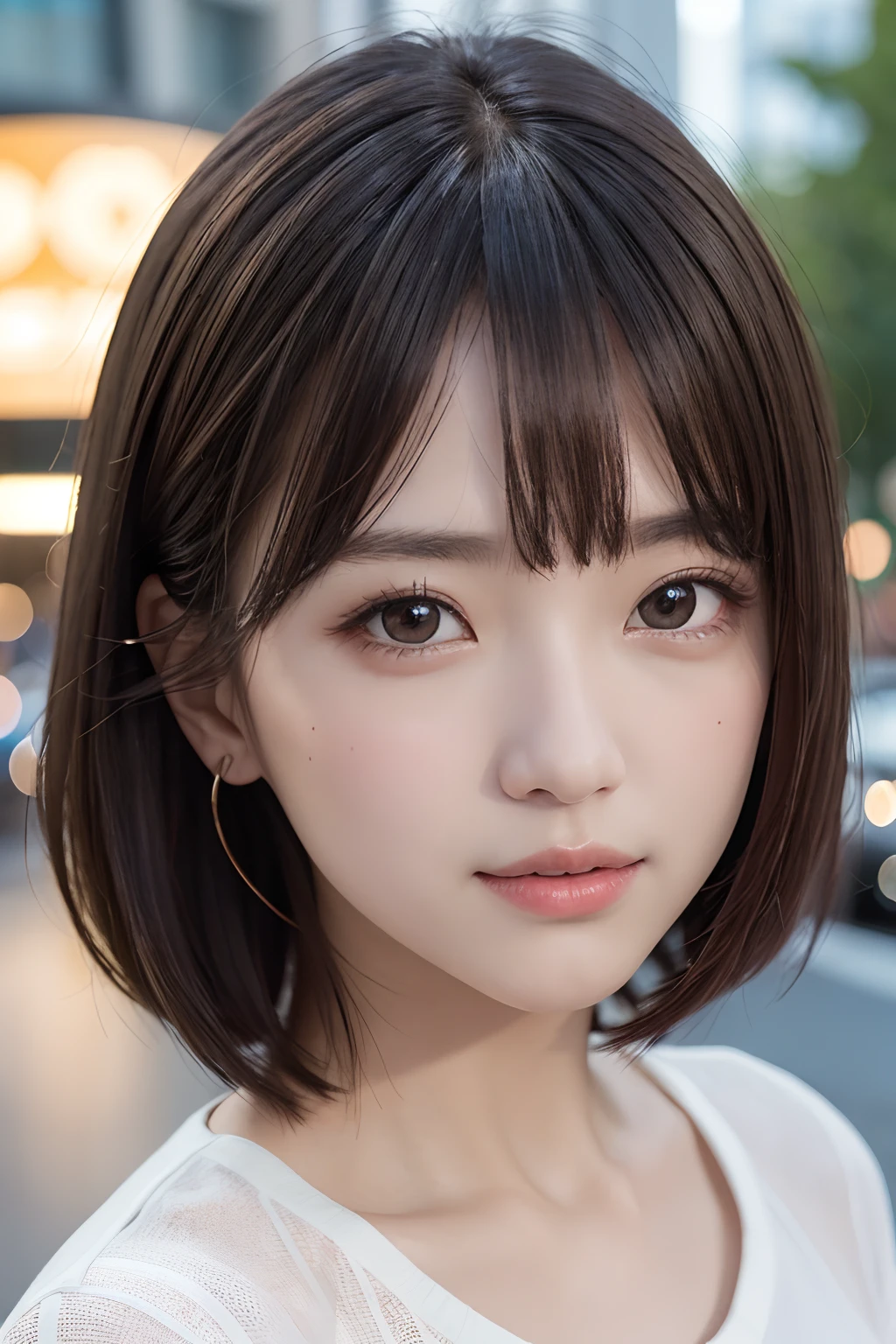 masterpiece, top-quality, in 8K, absurderes, The upper part of the body, whiteshirt, beautiful a girl, Clean face, looking at the viewers, A smile, A hyper-realistic, hight resolution, foco nítido, nffsw, face lights, Dynamic lighting, Lighting, Professional Shadows, beautiful cityscape background, highestdetailed, ighly detailed, ultra-detailliert, finely detail, authentic skin, Delicate facial features, Detailed face and eyes, Sharp pupils、Realistic pupils