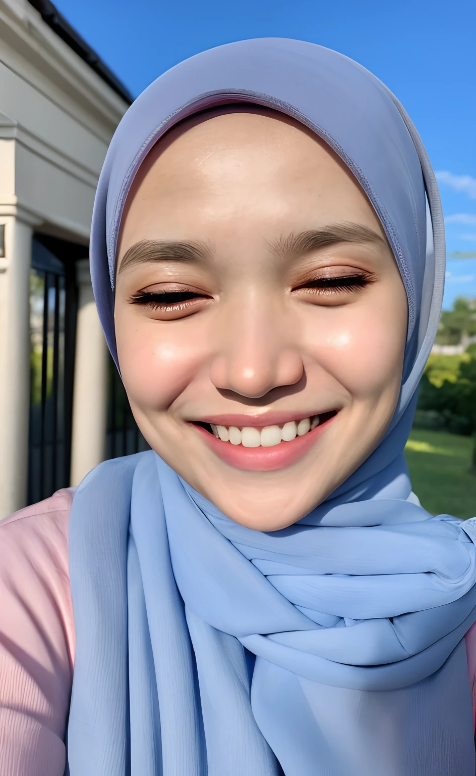 Masterpiece:1.2, high quality, best quality, high resolution, detailed, hyper realistic, 1 malay girl in hijab, blue eyes, head tilt, sunset, birds flying, cherry blossom, Portrait, closed eyes, smile, showing teeth, (detailed face), ((sharp focus)), ((face)), upper_body