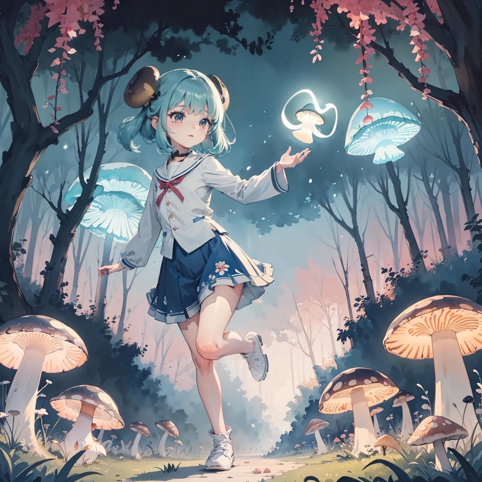 Beautiful and aesthetic,, Solo,Cute,colorfulhair,pleatedskirt，Dance，Cogumelos，Mushrooms，Huge mushrooms，spore，(glowing ambiance, enchanting glow, luminouslighting, Ethereal atmosphere,Watercolor illustration, Perfect anatomy, Masterpiece, Best quality, 1girll, li,eature, landscape