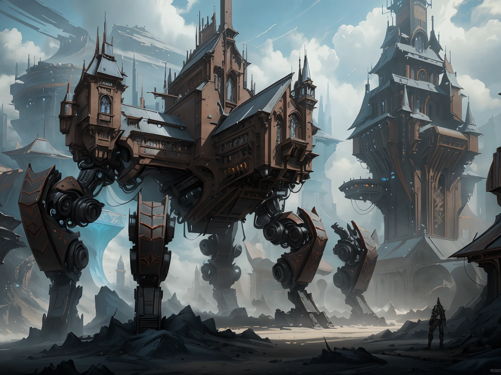 Futuristic Gothic castle body robot, High quality digital concept art, epic fantasy concept art, concept-art | feng zhu, senior concept artist, Epic digital concept art, fantasy concept art, steampunk concept art, stunning concept art, epic fantasy sci fi illustration, award winning concept artist, high-quality concept art, stunning concept art